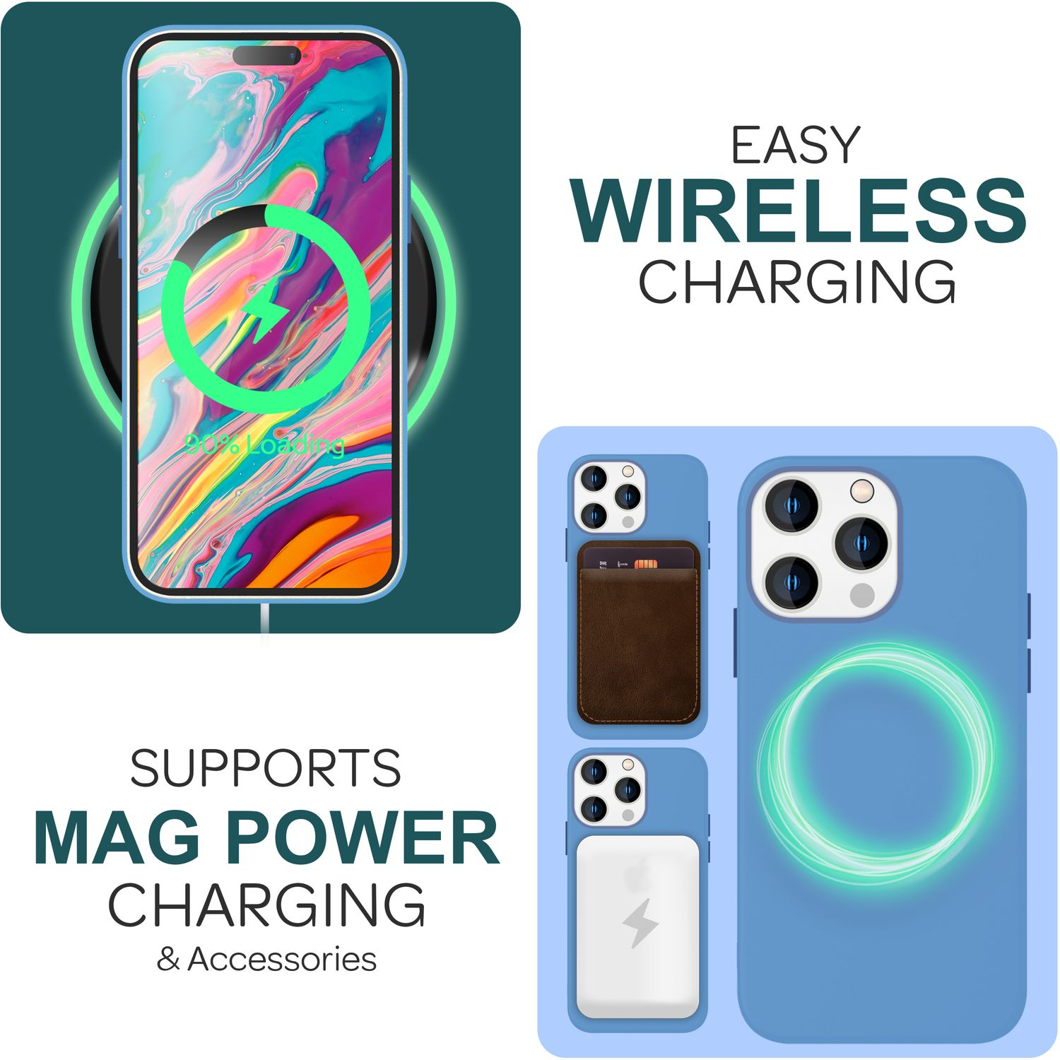 Kabelloses Ladesetup mit Telefon, Ladegerät und Zubehör, das Mag Power-Laden zeigt.