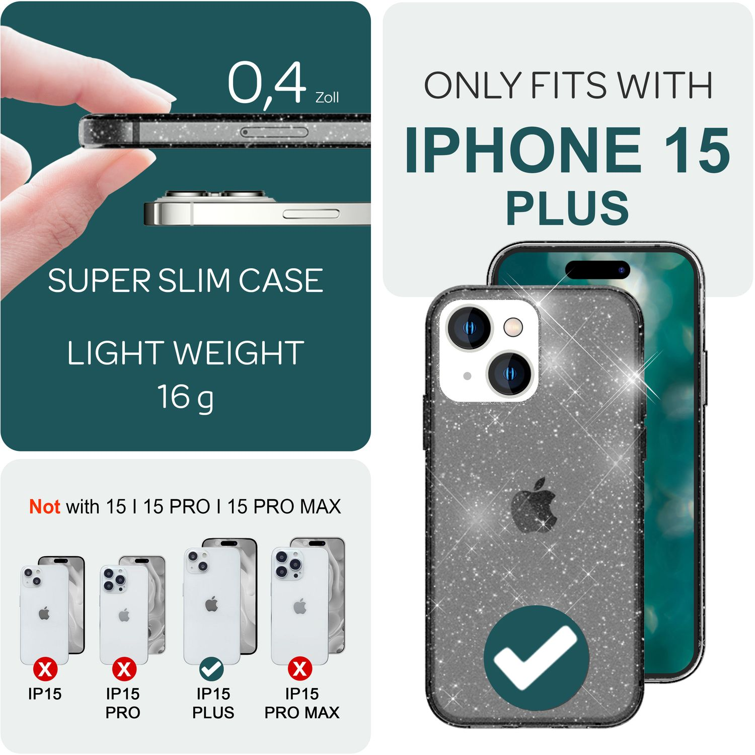 Étui pour iPhone 15 Plus. Illustrations montrent les dimensions et la compatibilité.