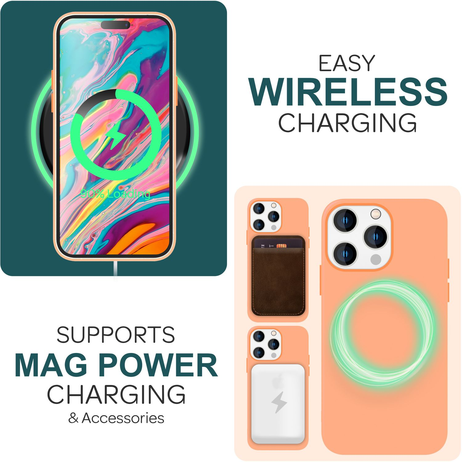 Smartphone auf kabellosem Ladegerät und zwei Hüllen. Text: Unterstützt Mag Power Charging & Zubehör.