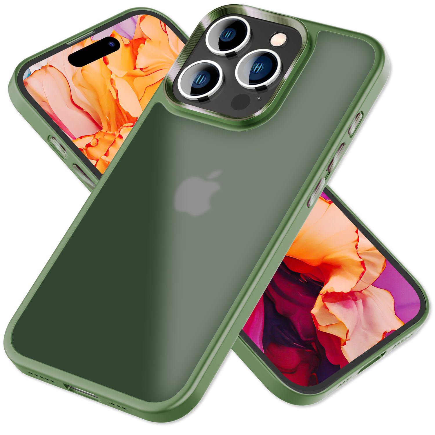 Grüne Handyhülle mit Telefon und zweiter Hülle auf weißem Hintergrund.