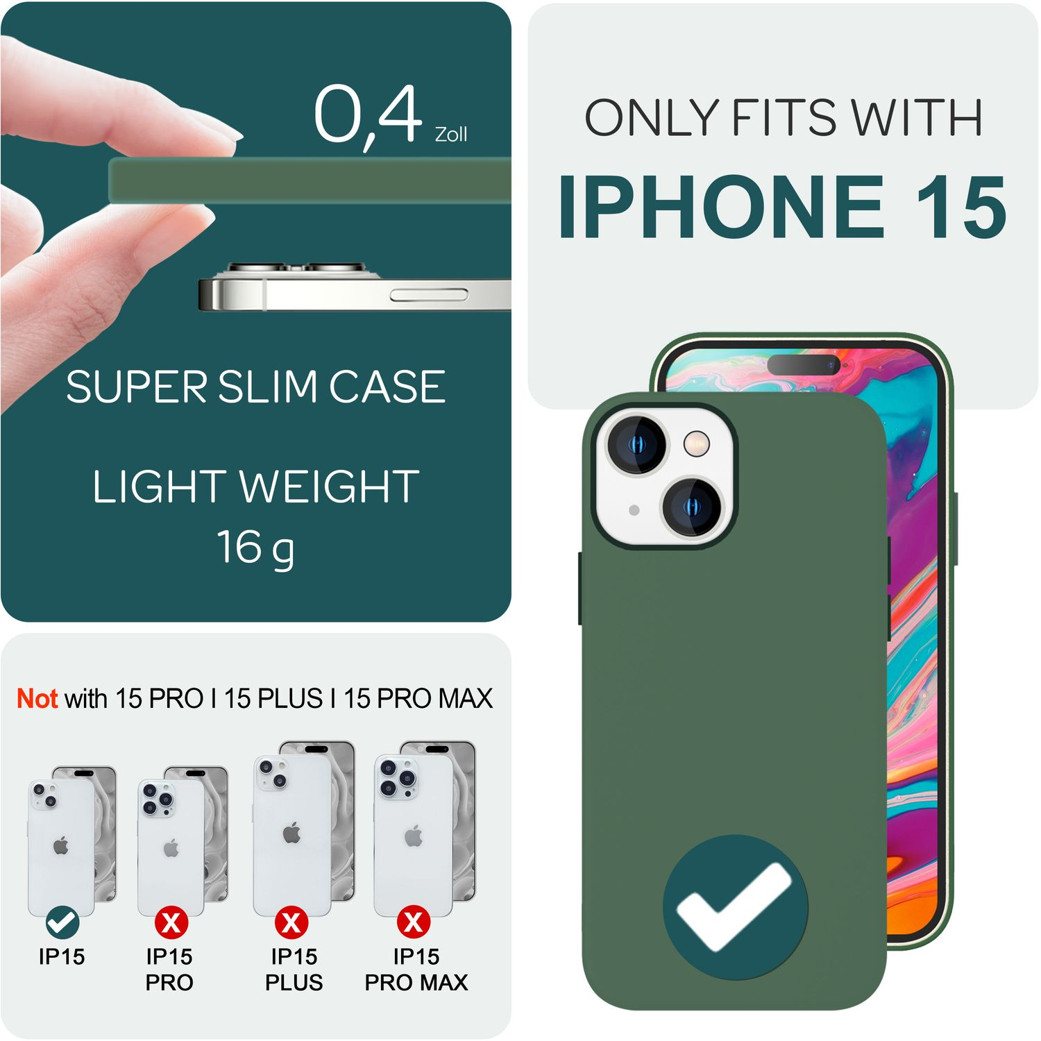Produktbild mit einem iPhone 15 in einer grünen Hülle, schlank und mit dem Text 'IPHONE 15'.