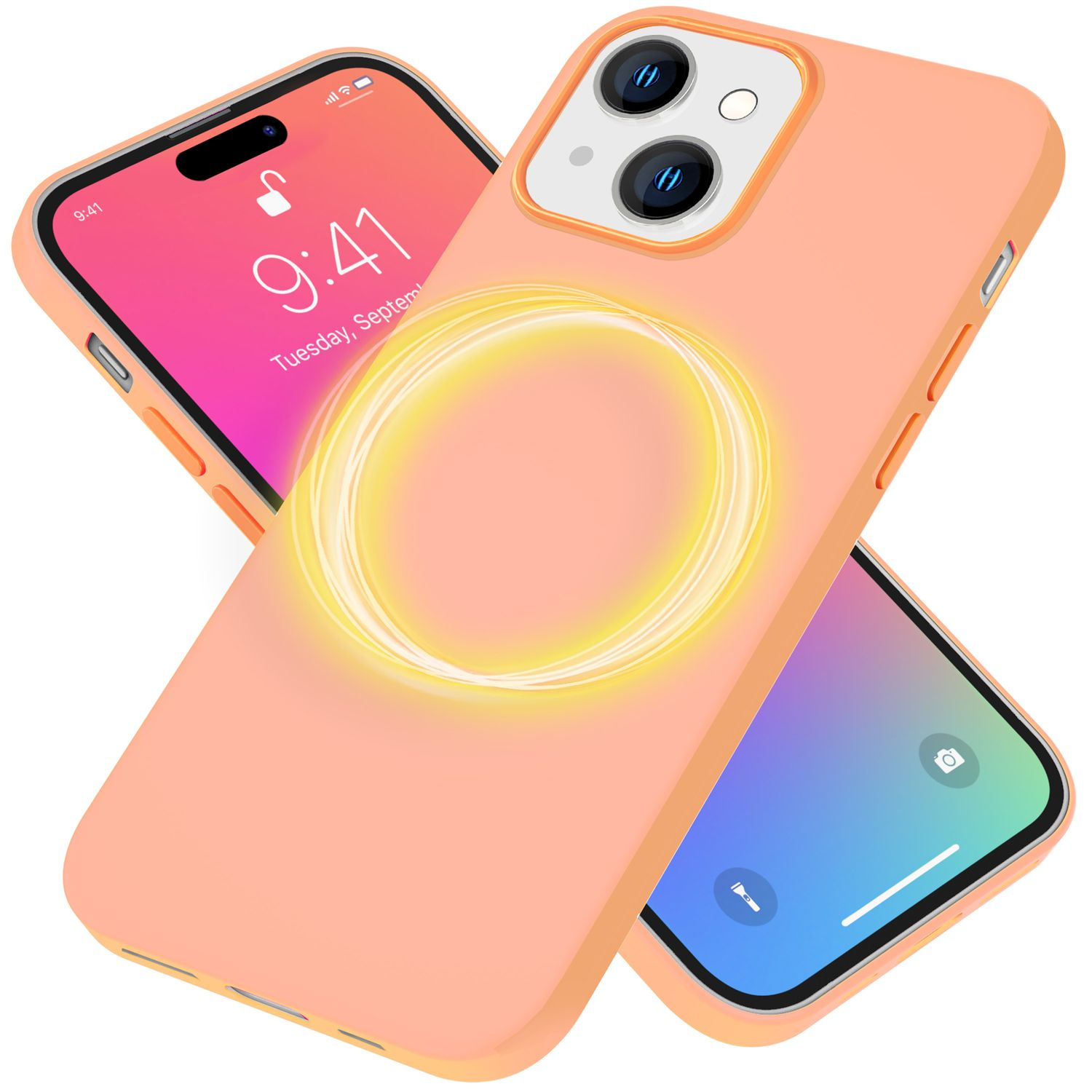 Pfirsichfarbene Handyhülle mit gelbem Ring. Zwei Telefone sind teilweise sichtbar, eins mit Bildschirm an.