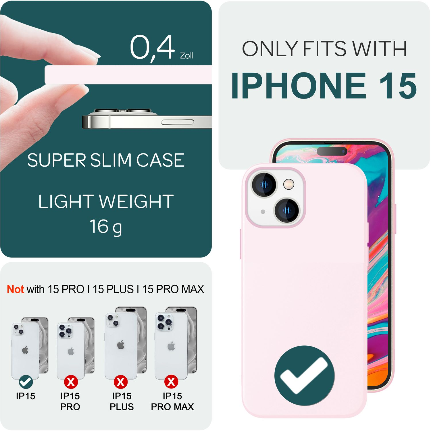 Pinkfarbene iPhone 15 Hülle. Die Hülle ist leicht und schlank, nur für iPhone 15. Andere Modelle gestrichen.