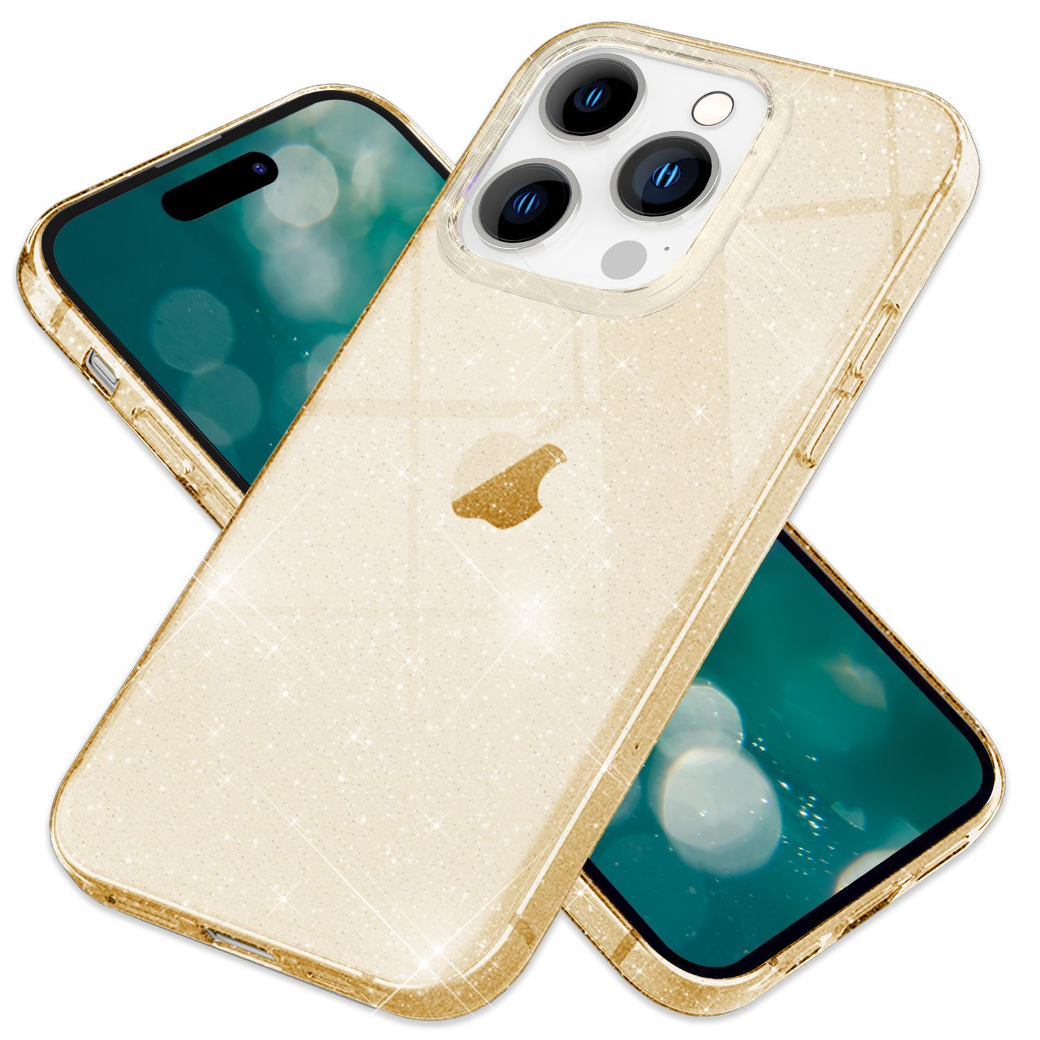 Eine transparente Handyhülle mit Glitzer auf dem Telefon und zwei sich überlappenden Handys.
