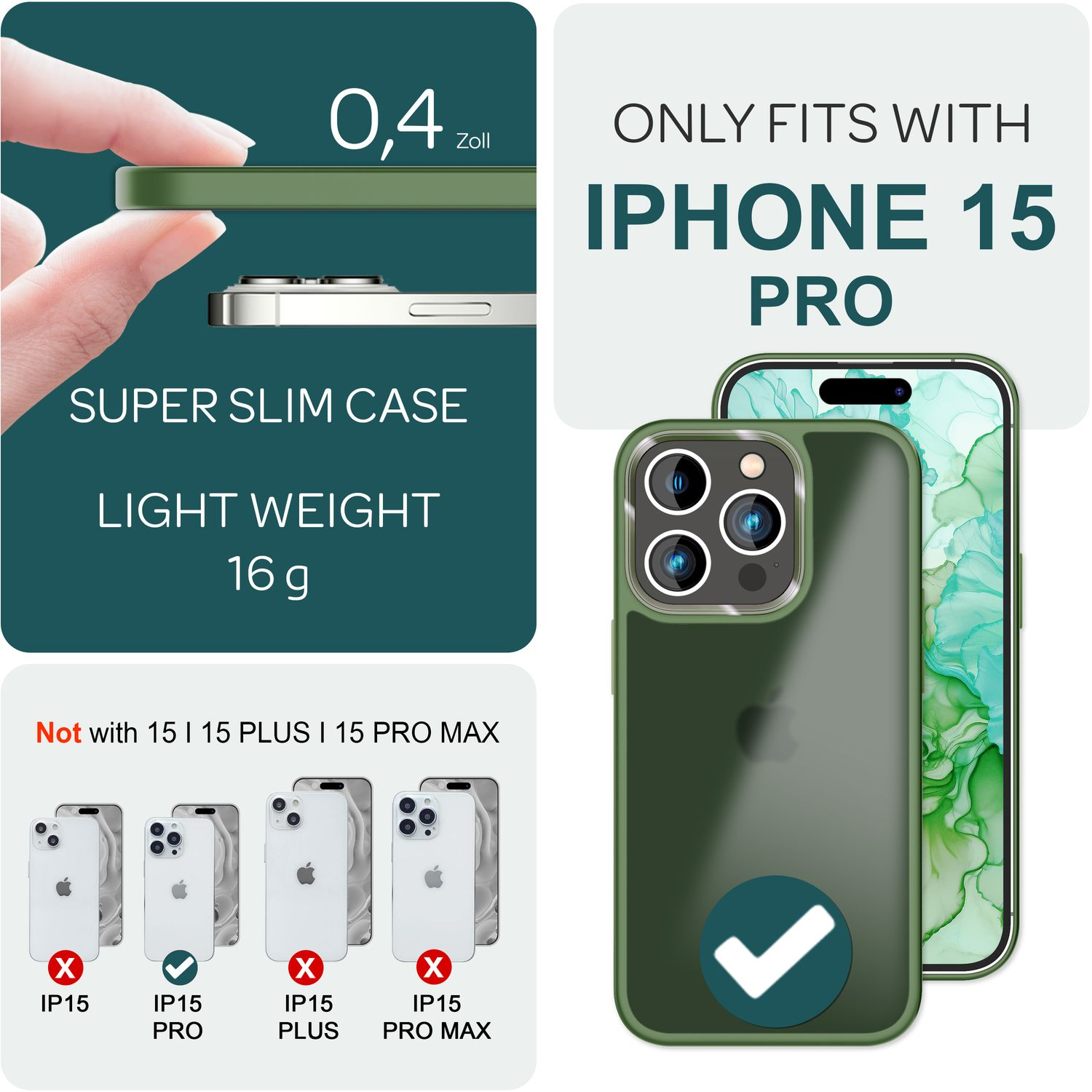 Eine grüne Handyhülle wird gezeigt, die die Kompatibilität mit dem iPhone 15 Pro hervorhebt. Merkmale und Abmessungen werden angezeigt.