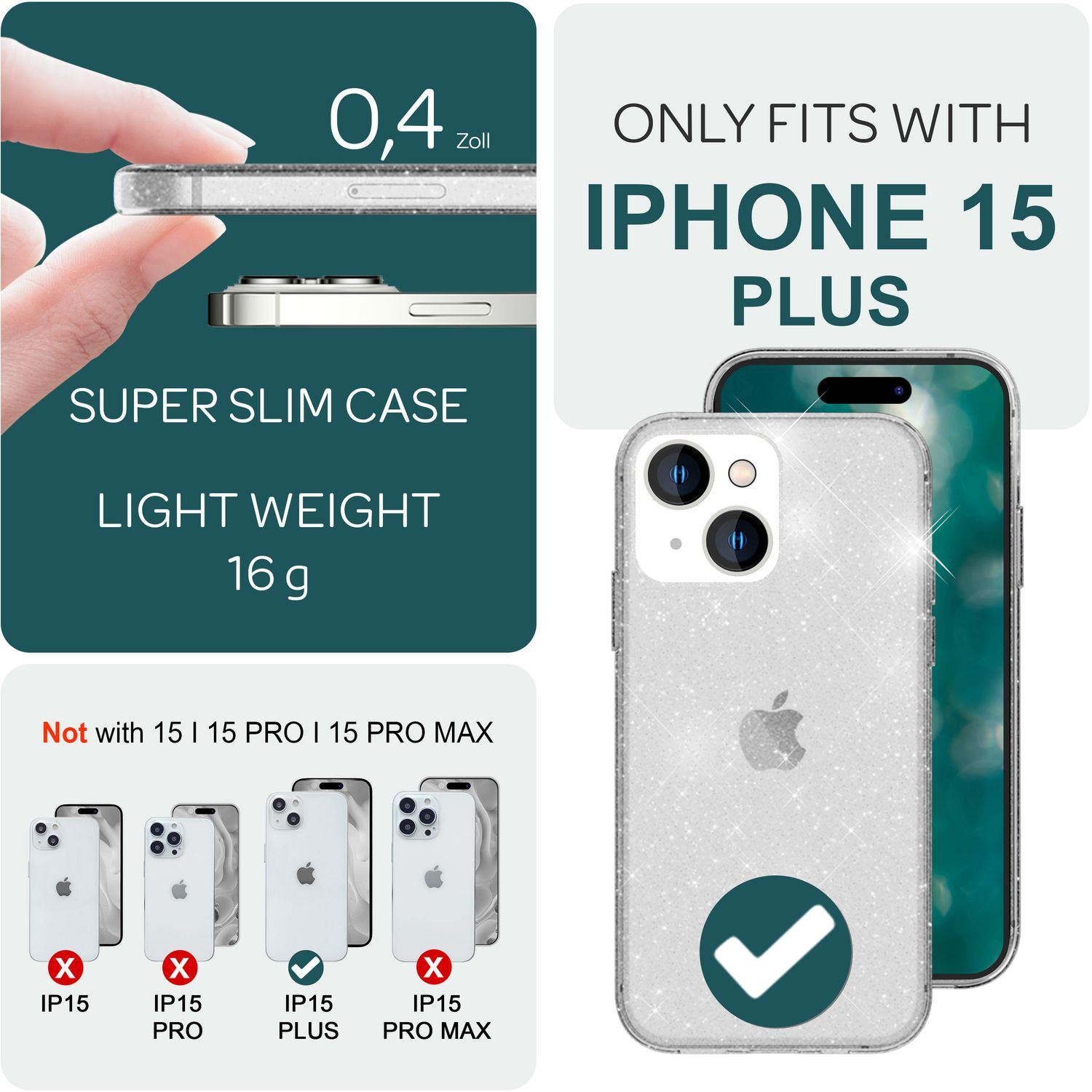 NALIA Klare Backcover, Glitzer Hülle, Silikon iPhone Apple, 15 Plus, Transparent