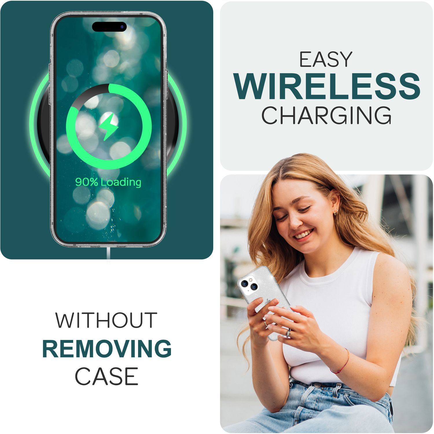 Una donna carica il suo telefono in modalità wireless. Il telefono mostra il 90% di caricamento. Testo: Ricarica wireless facile.