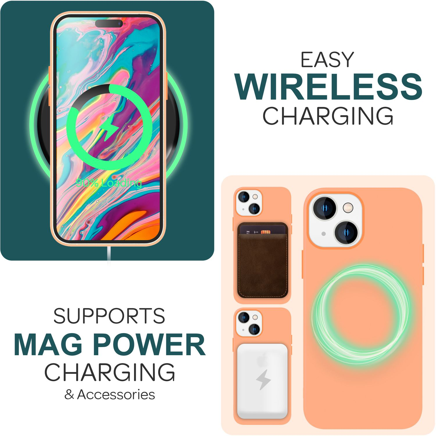 Telefon lädt kabellos mit Mag-Power-Zubehör. Telefonhülle mit Geldbörse.