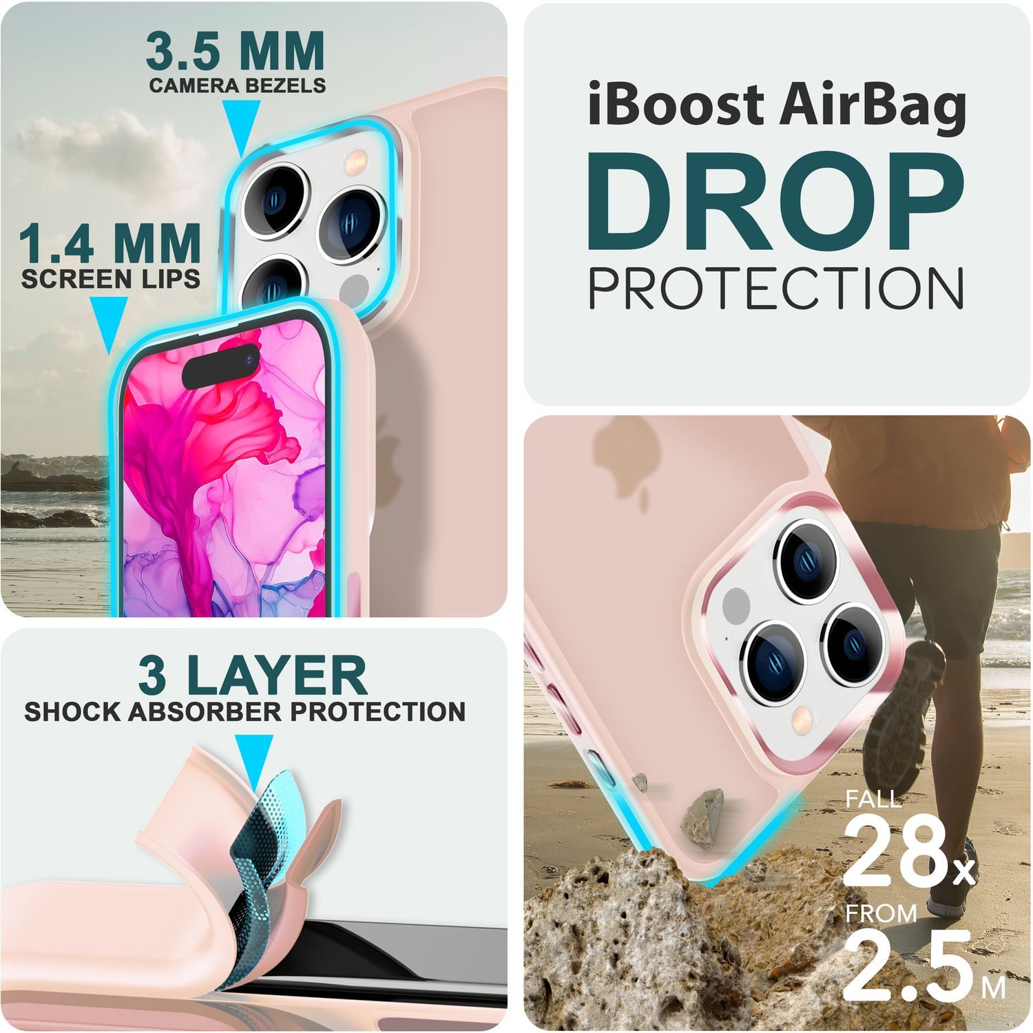 Une coque de téléphone avec un dos rose et un cadre transparent, montrant les fonctions.