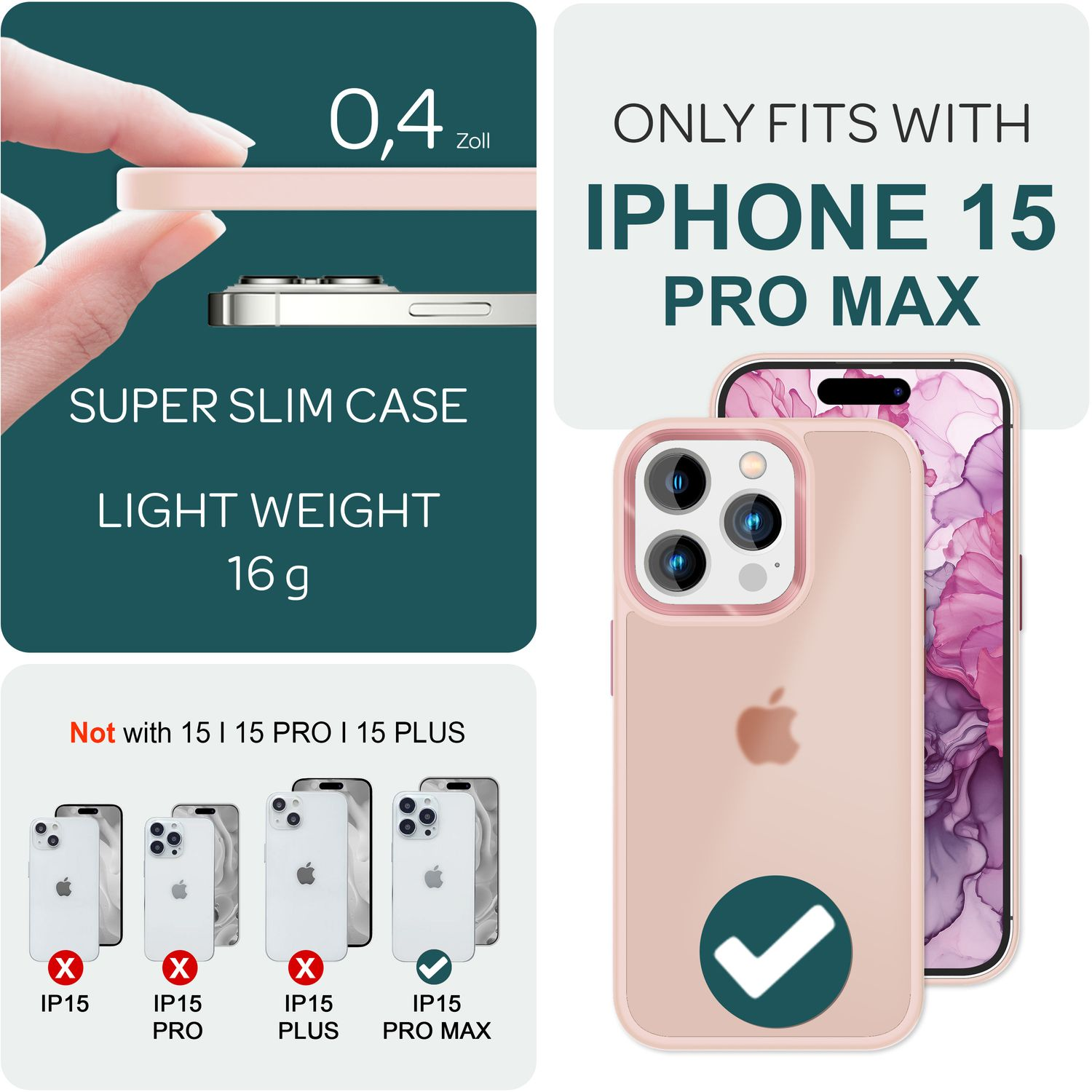 Coque de téléphone rose avec un iPhone 15 Pro Max, montrant les caractéristiques et les détails de compatibilité.