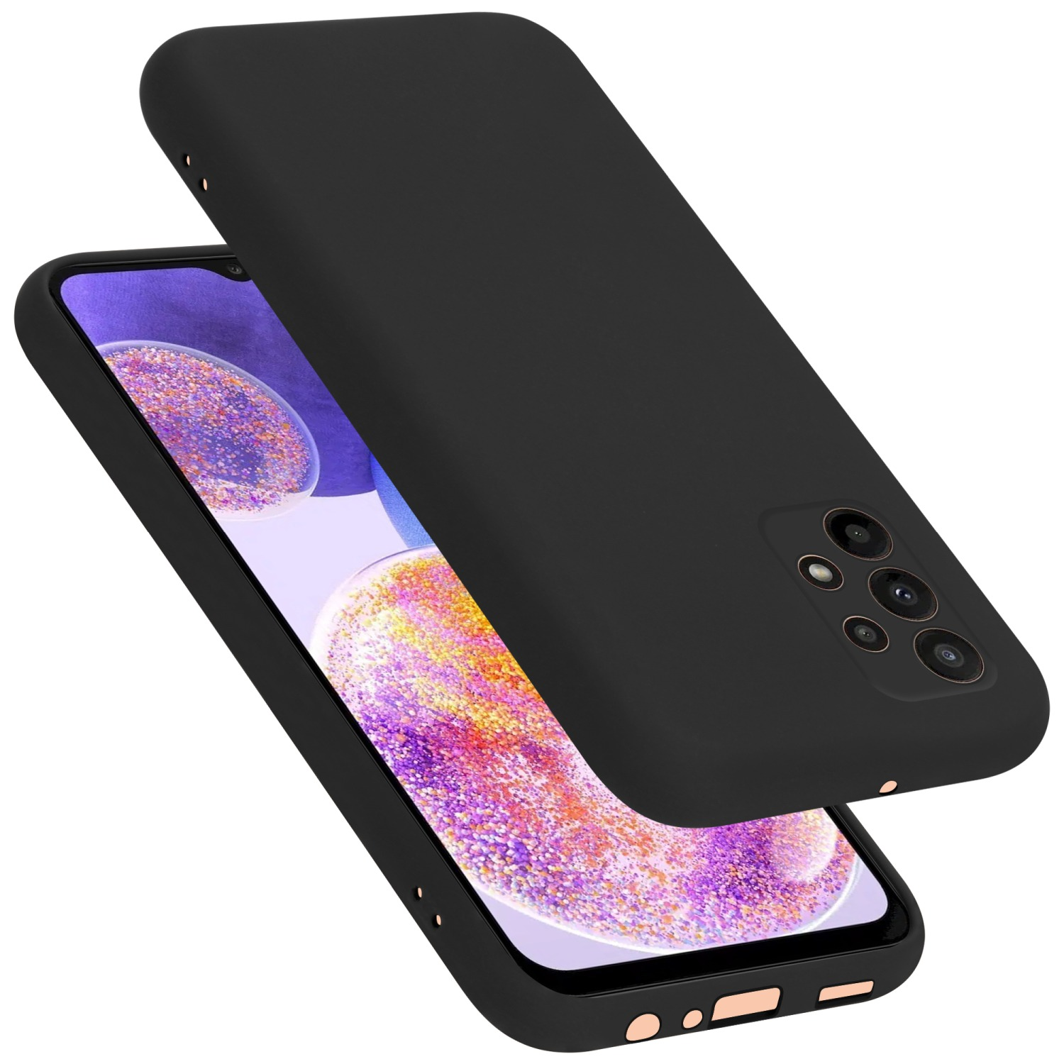Schwarze Handyhülle mit teilweise sichtbarem Telefon im Inneren. Die Hülle liegt auf dem Telefon.