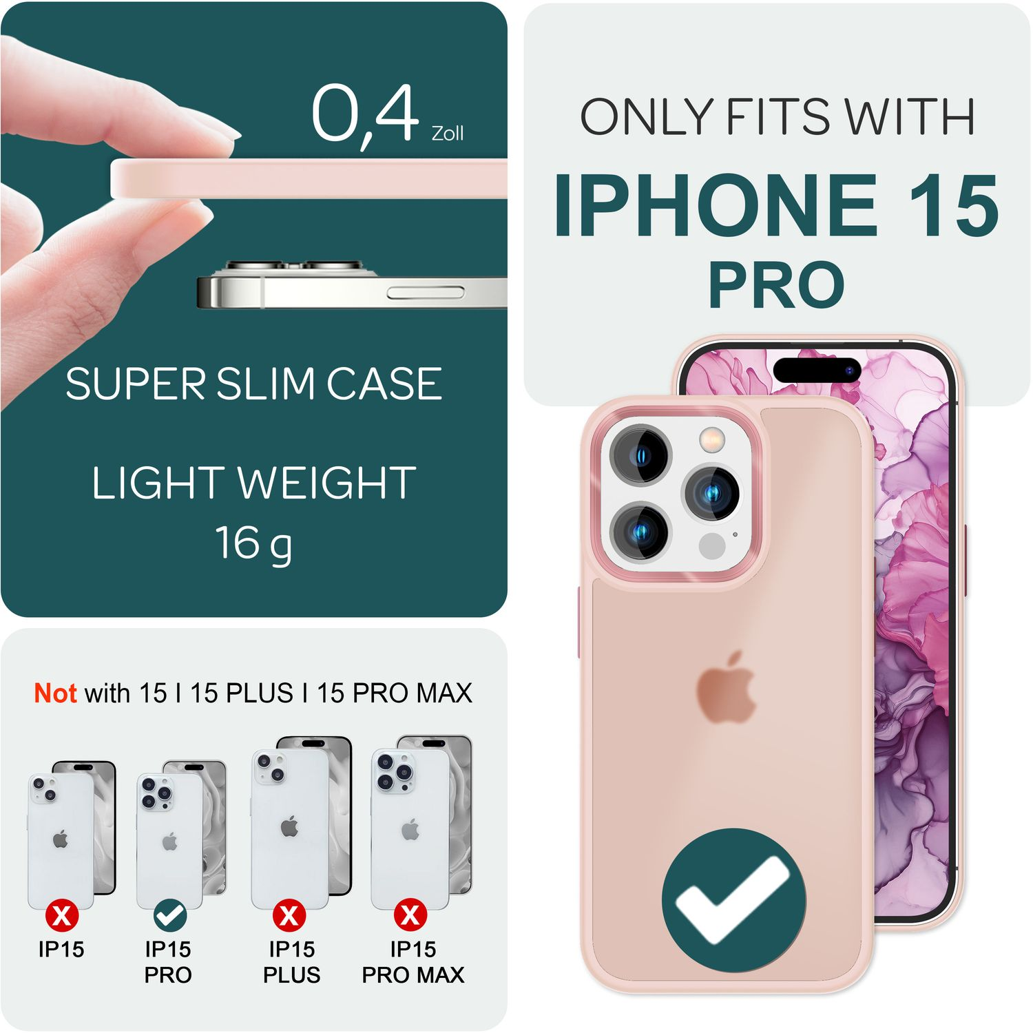 Coque de téléphone et iPhone 15 Pro, avec du texte sur les fonctionnalités et la compatibilité.