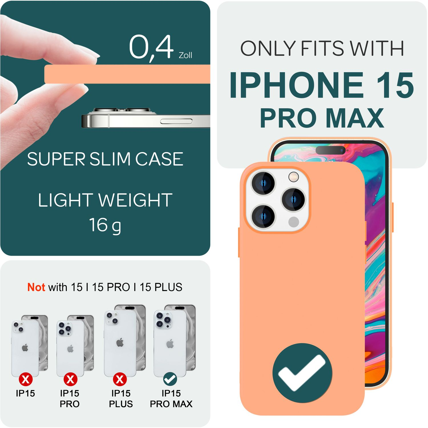 Handyhülle mit iPhone. Die Hülle ist orange, Text sagt, es passt für iPhone 15 Pro Max.