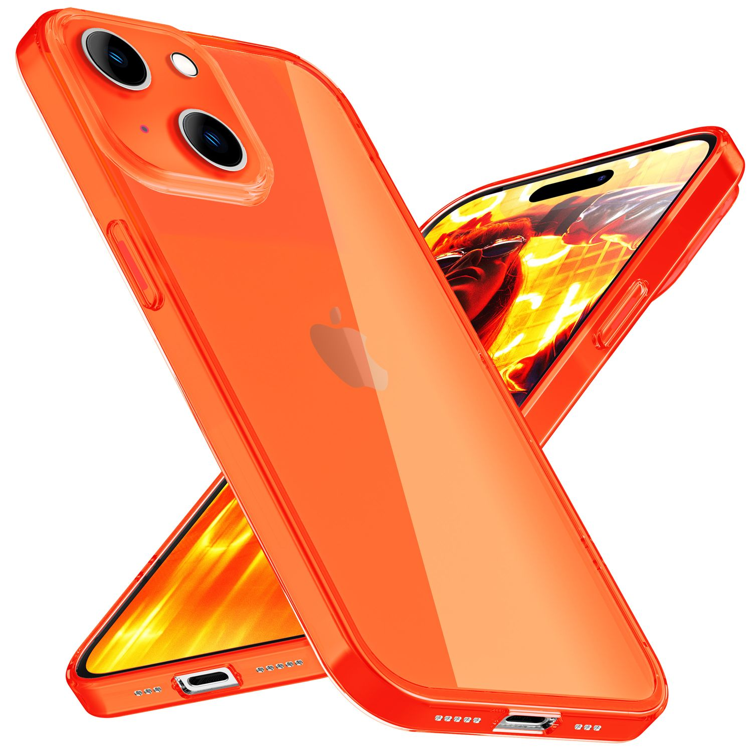 Dos fundas naranjas para teléfono, una en ángulo, mostrando el iPhone en el interior. Logotipo de Apple visible.