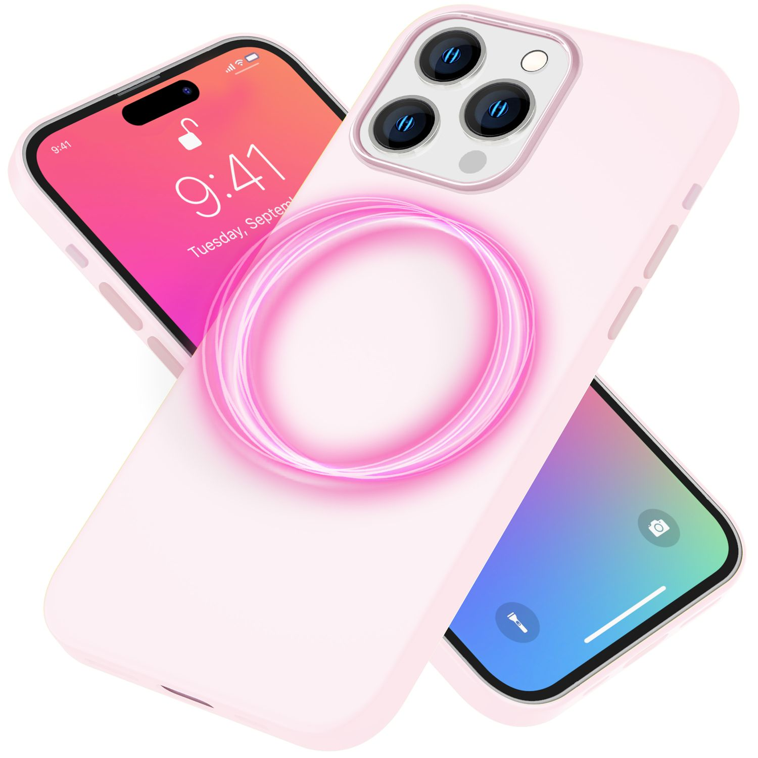 Zwei Telefone, eins mit pinkem Case und leuchtendem Ring. Das andere zeigt einen pinken Bildschirm.