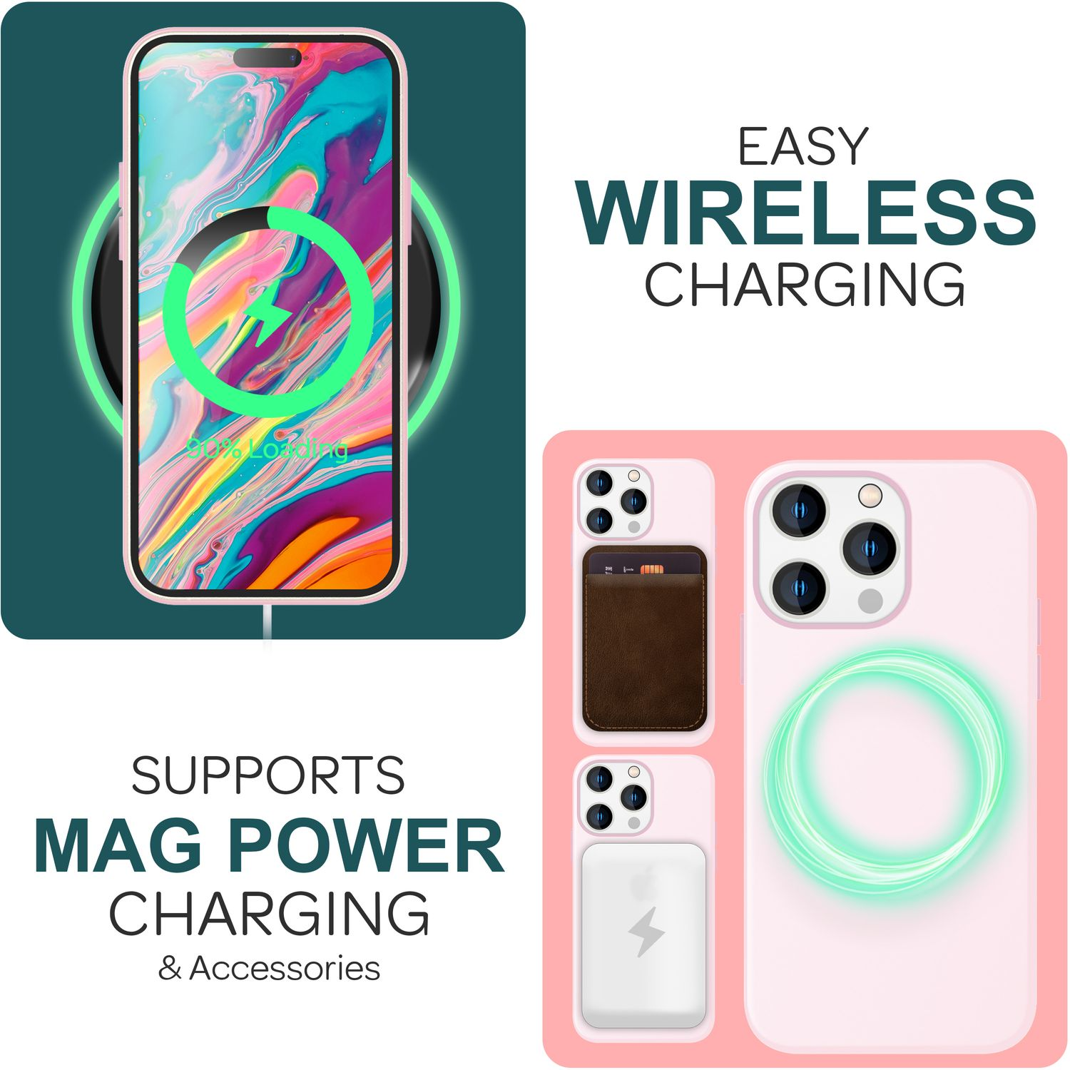 Ein rosa Gehäuse mit einem drahtlos ladenden Telefon, unterstützt durch Mag Power Charging Zubehör.