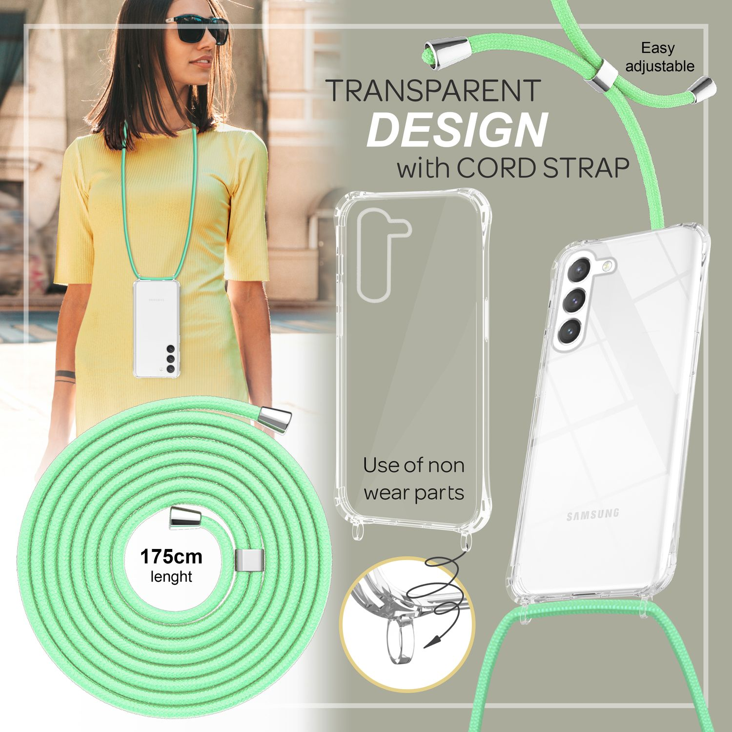 Frau in gelbem Kleid mit Telefon, verbunden mit einem grünen Kordelband.
