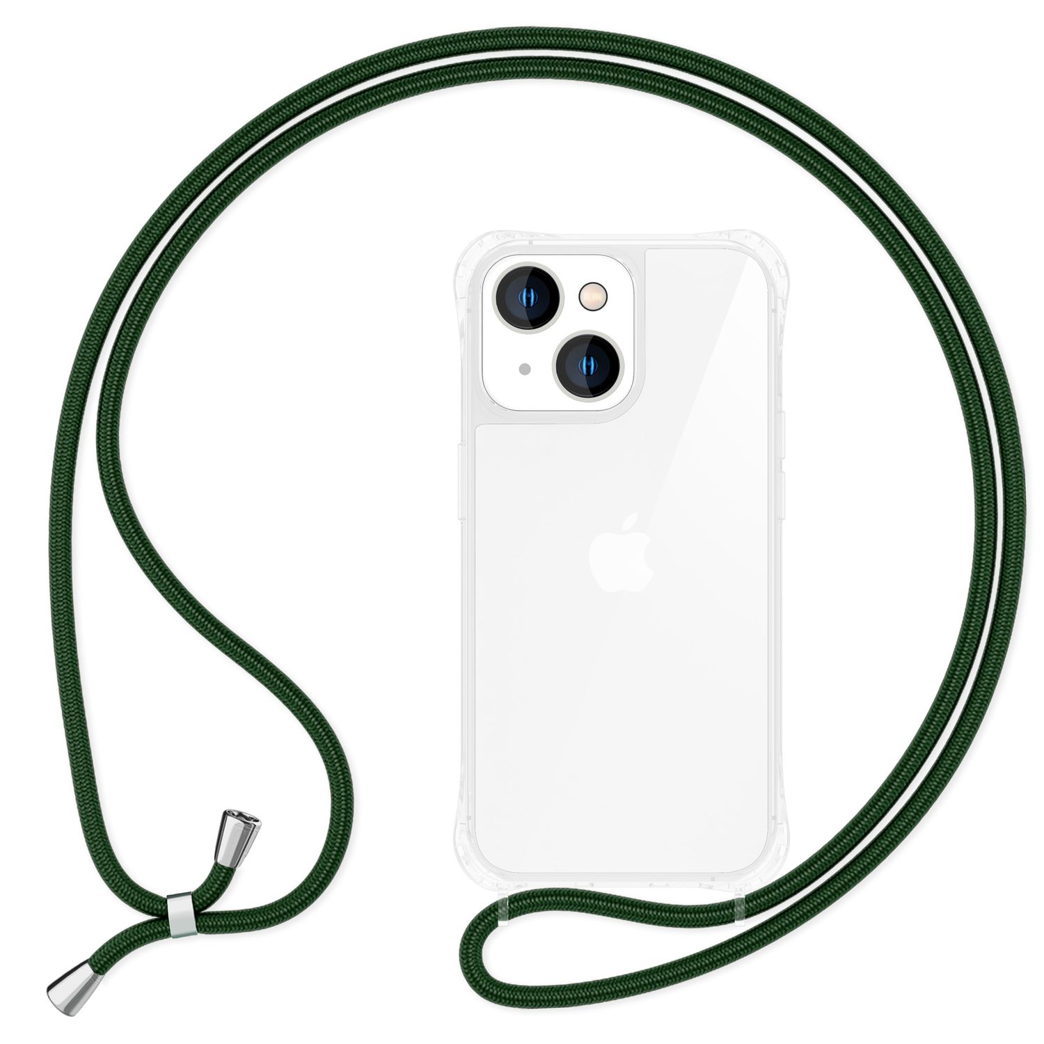 Funda transparente para teléfono con cordón verde, sobre fondo blanco.