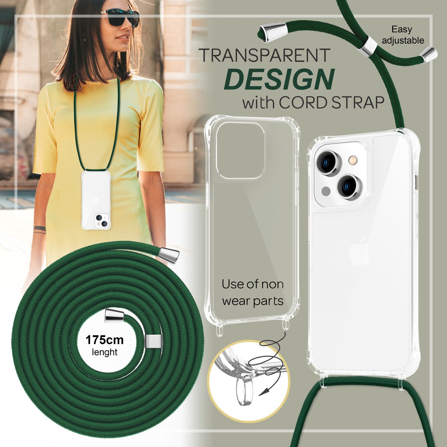 Una persona sosteniendo un teléfono con una funda transparente y una correa verde.