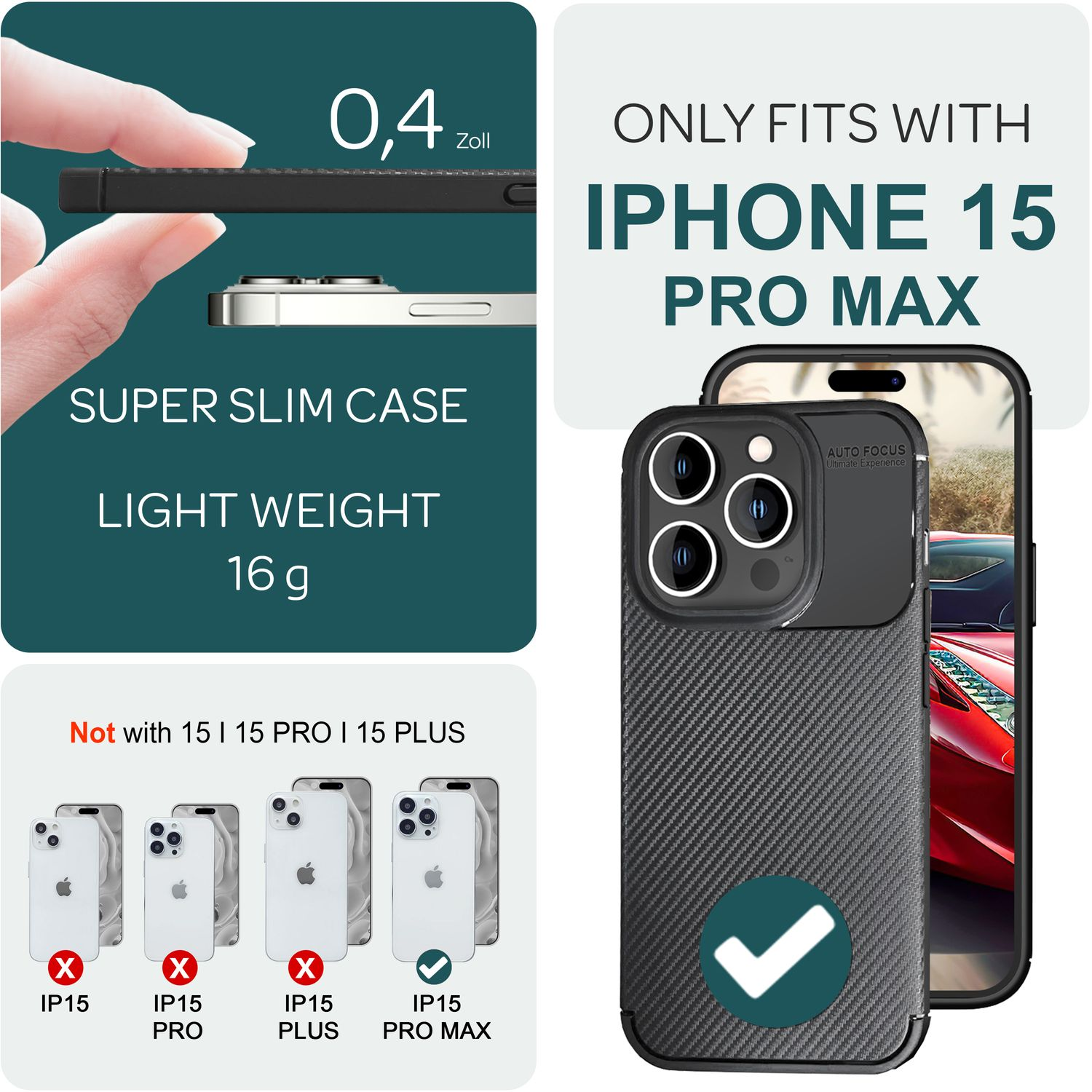iPhone 15 Pro Max Hülle. Die Hülle hat eine Kohlefaserstruktur und passt nur für iPhone 15 Pro Max.