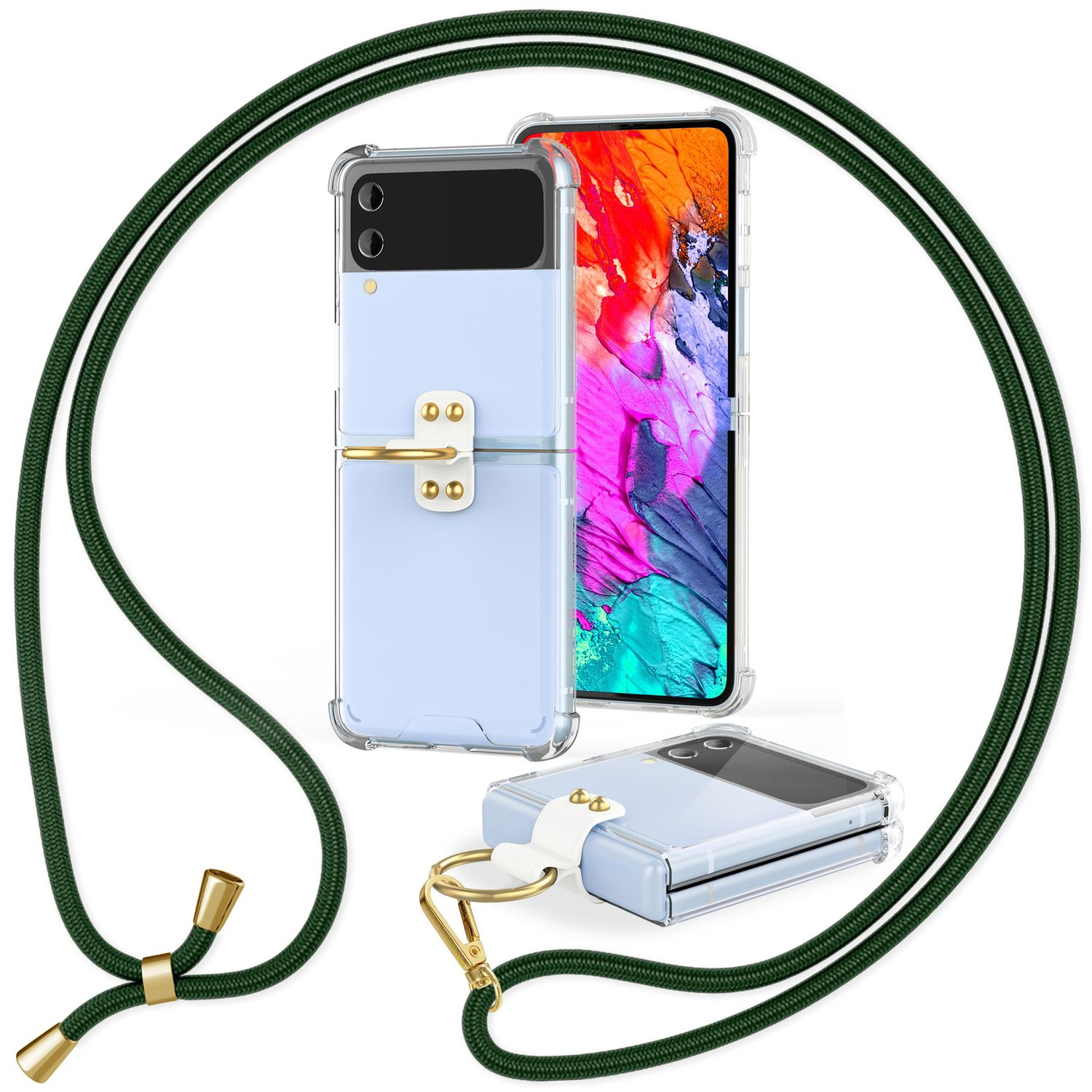 Handyhüllen mit grünem Band. Das Telefon ist blau. Drei Hüllen in verschiedenen Positionen.