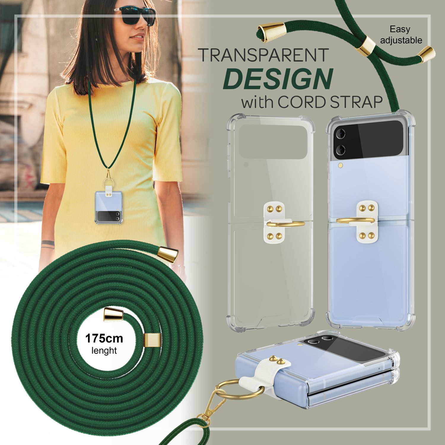 Frau mit Handyhülle, Lanyard. Grünes Lanyard und Hülle mit Handy. Design-Text.