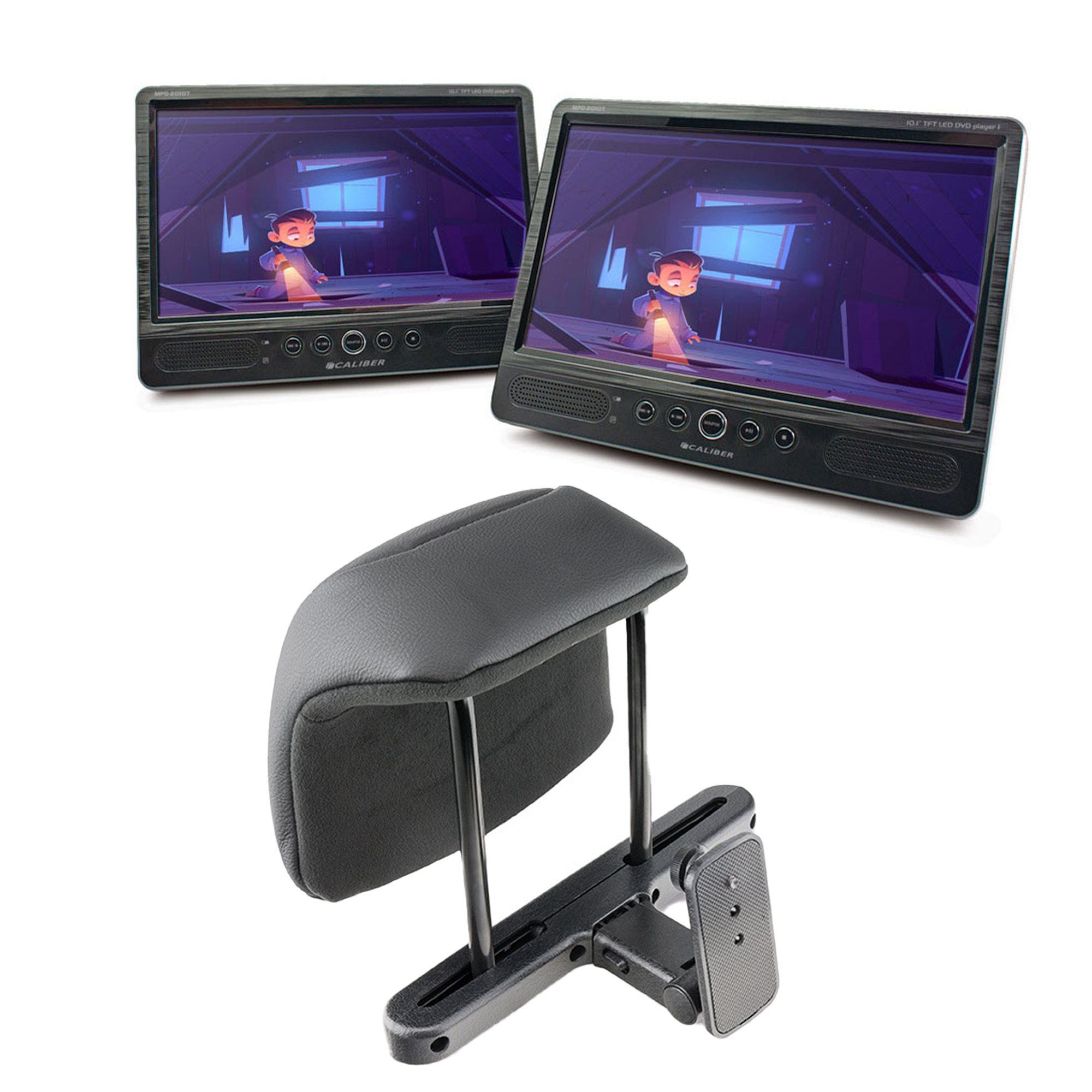 Zwei DVD-Player für Kopfstützen im Auto mit Kopfstützenhalterung vor weißem Hintergrund.
