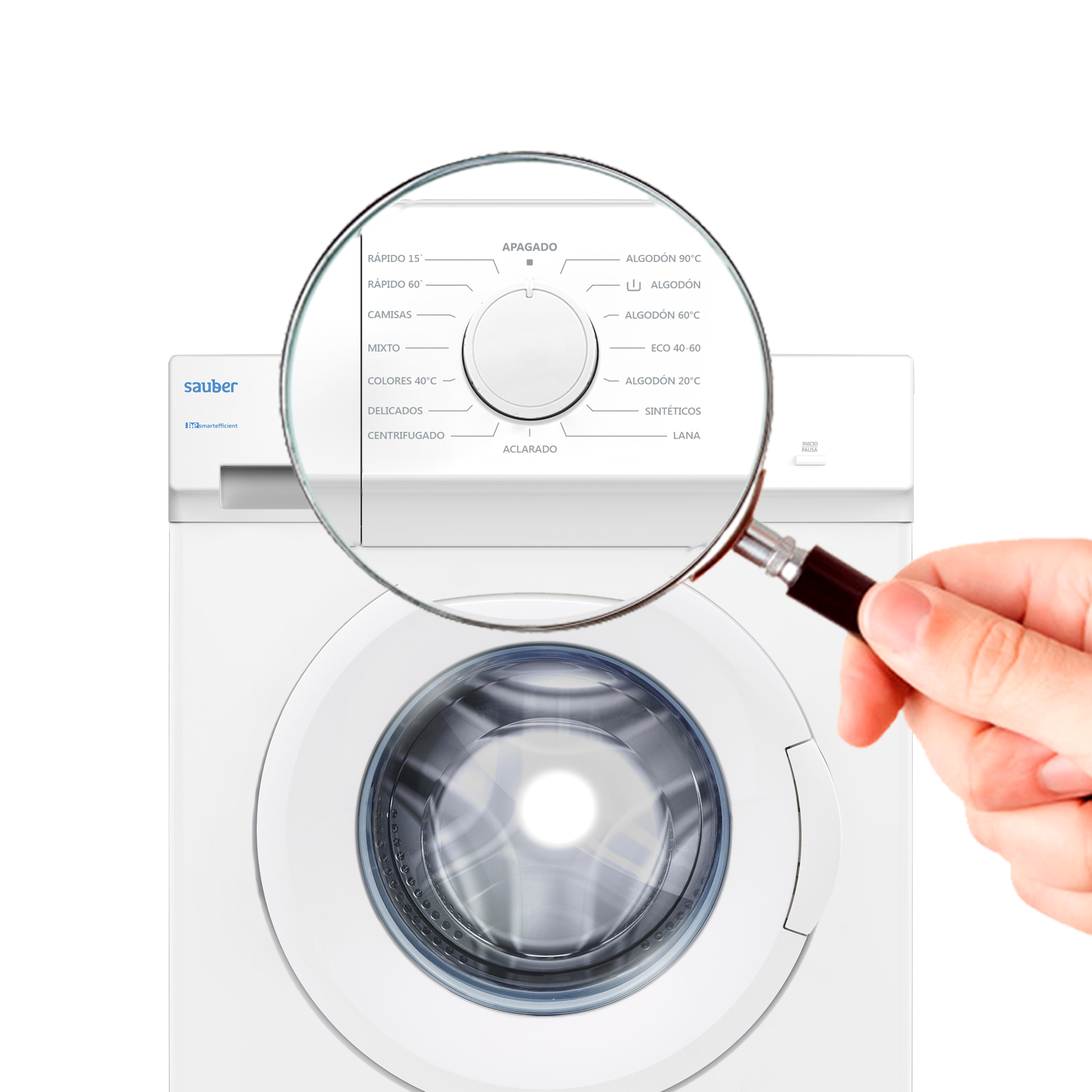Una lavadora se ve a través de una lupa. El dial tiene diferentes configuraciones de lavado.