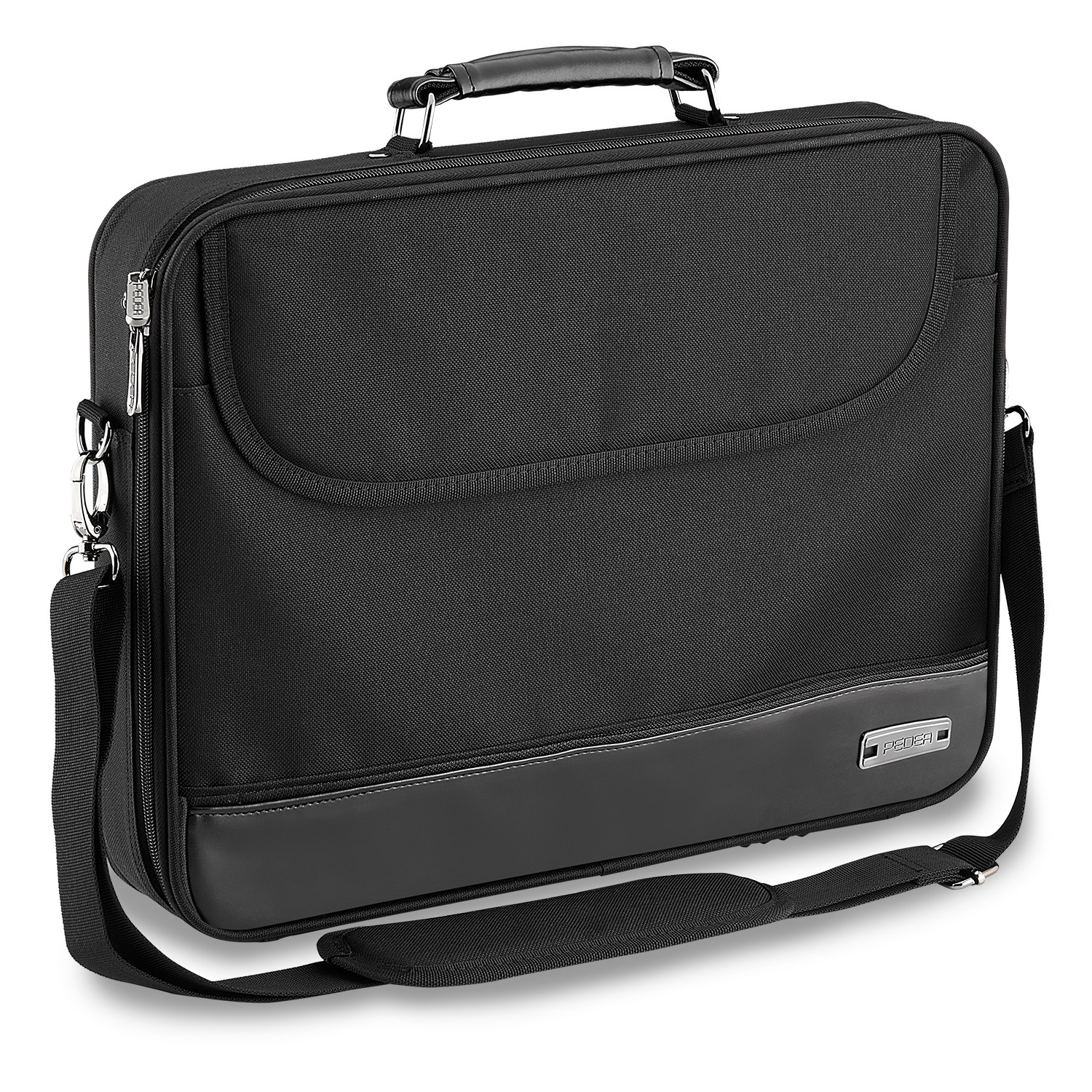 Schwarze Laptoptasche mit Griff und Schultergurt. Sie hat einen silbernen Reißverschluss.