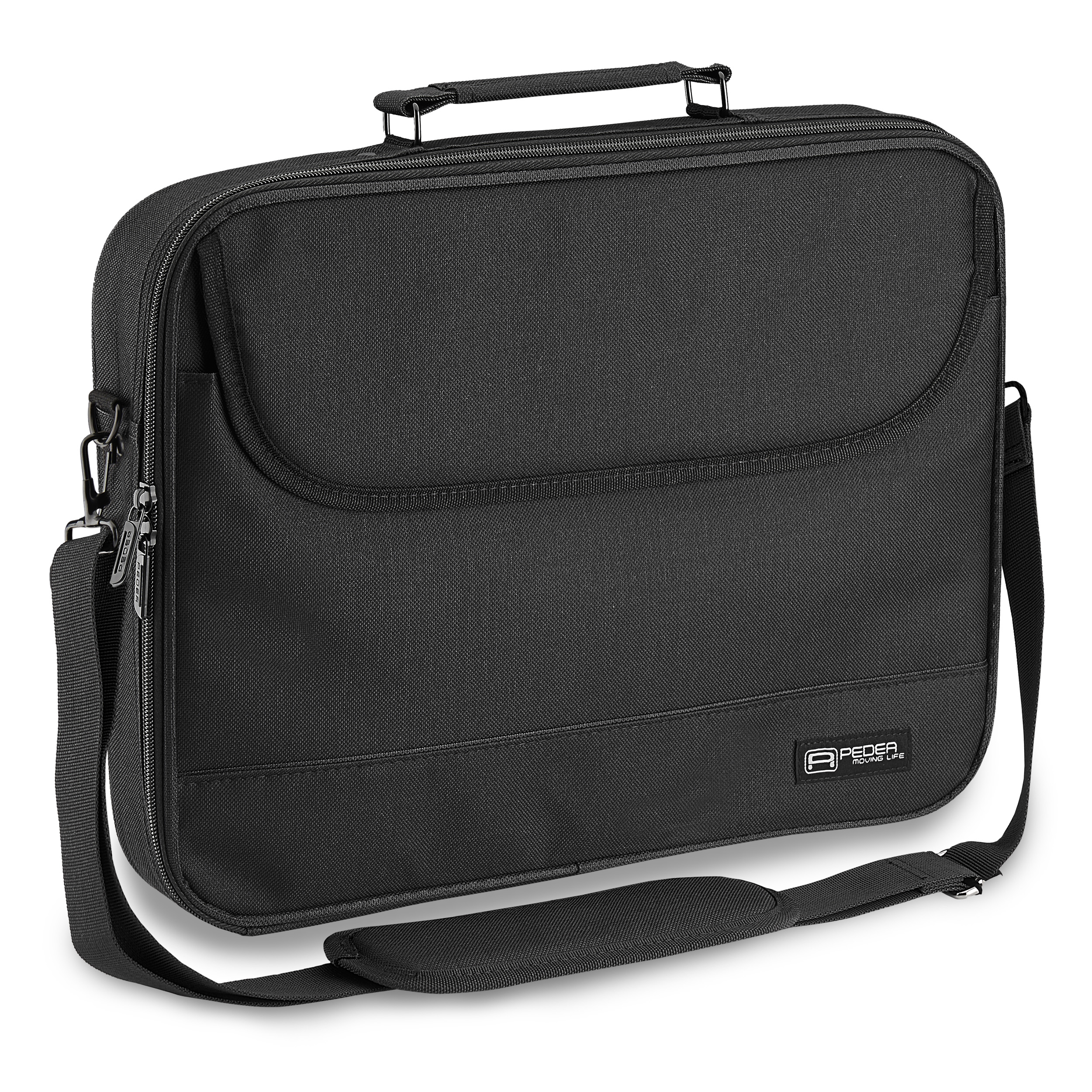 Schwarze Laptoptasche mit Griff und Schultergurt. Mit Vordertasche und Logo unten rechts.