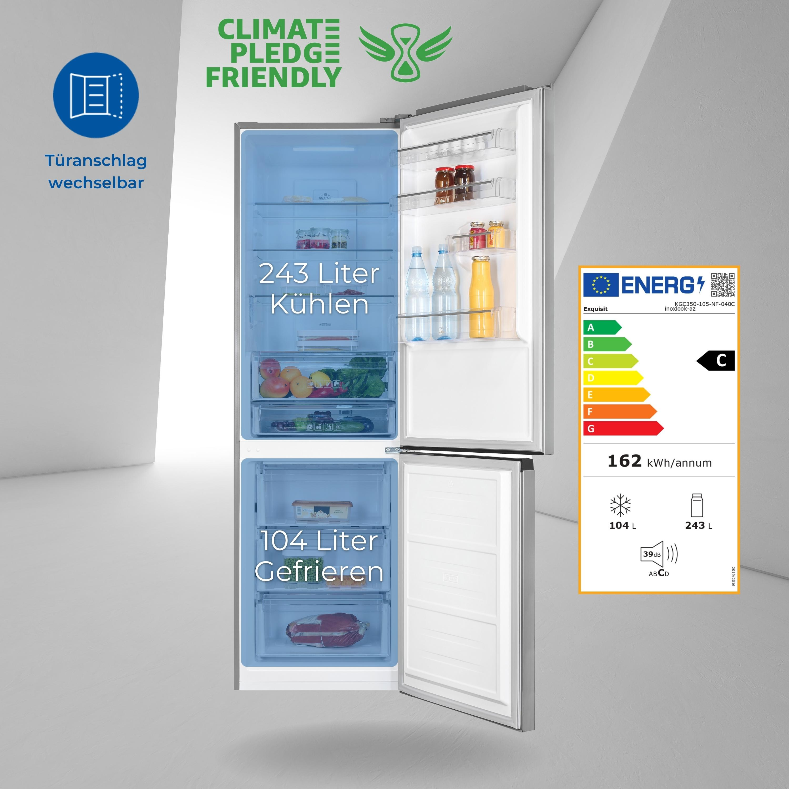 Kühlschrank mit offenen Türen. Etiketten zeigen 243L Kühlen, 104L Gefrieren. Energieetikett C.