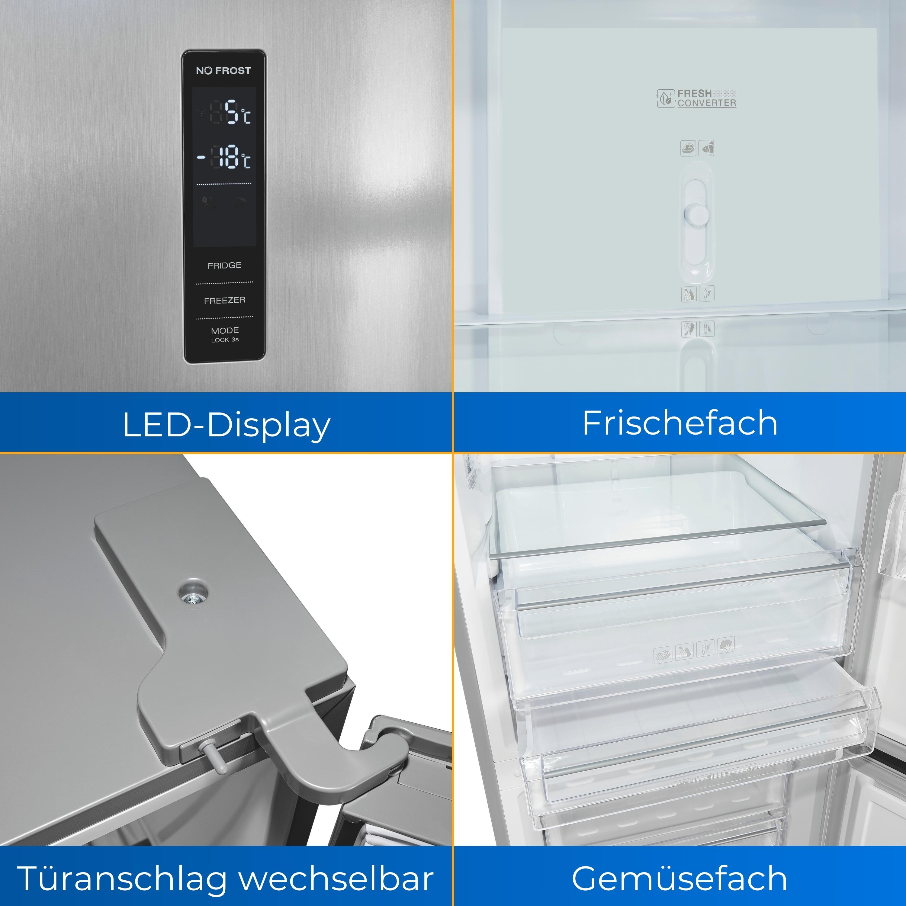 Kühlschrank-Detailaufnahmen: LED-Anzeige, Frischhaltefach, wechselbares Türscharnier und Gemüsefach.
