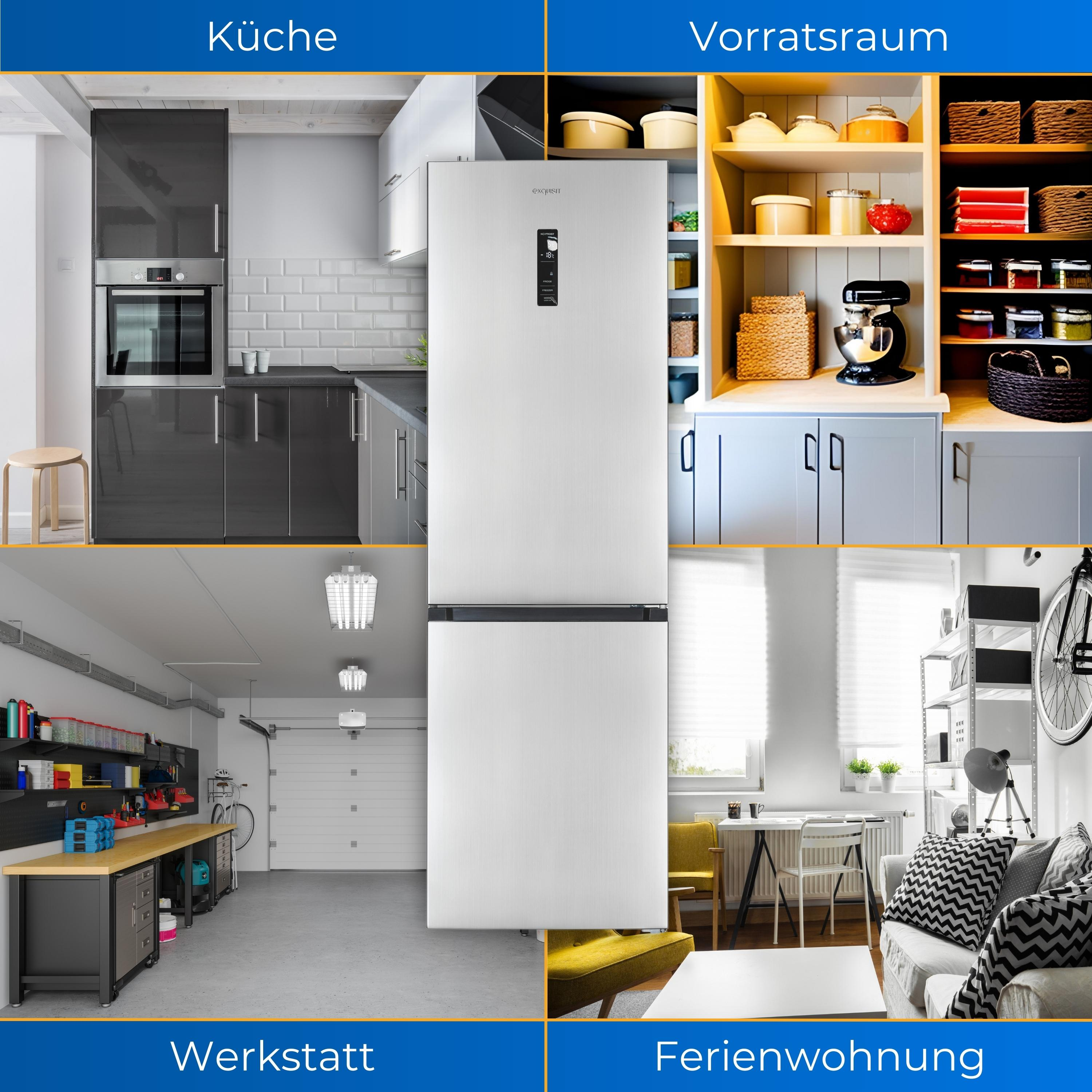 Ein Kühlschrank, umgeben von Räumen: Küche, Vorratsraum, Werkstatt, Wohnung.