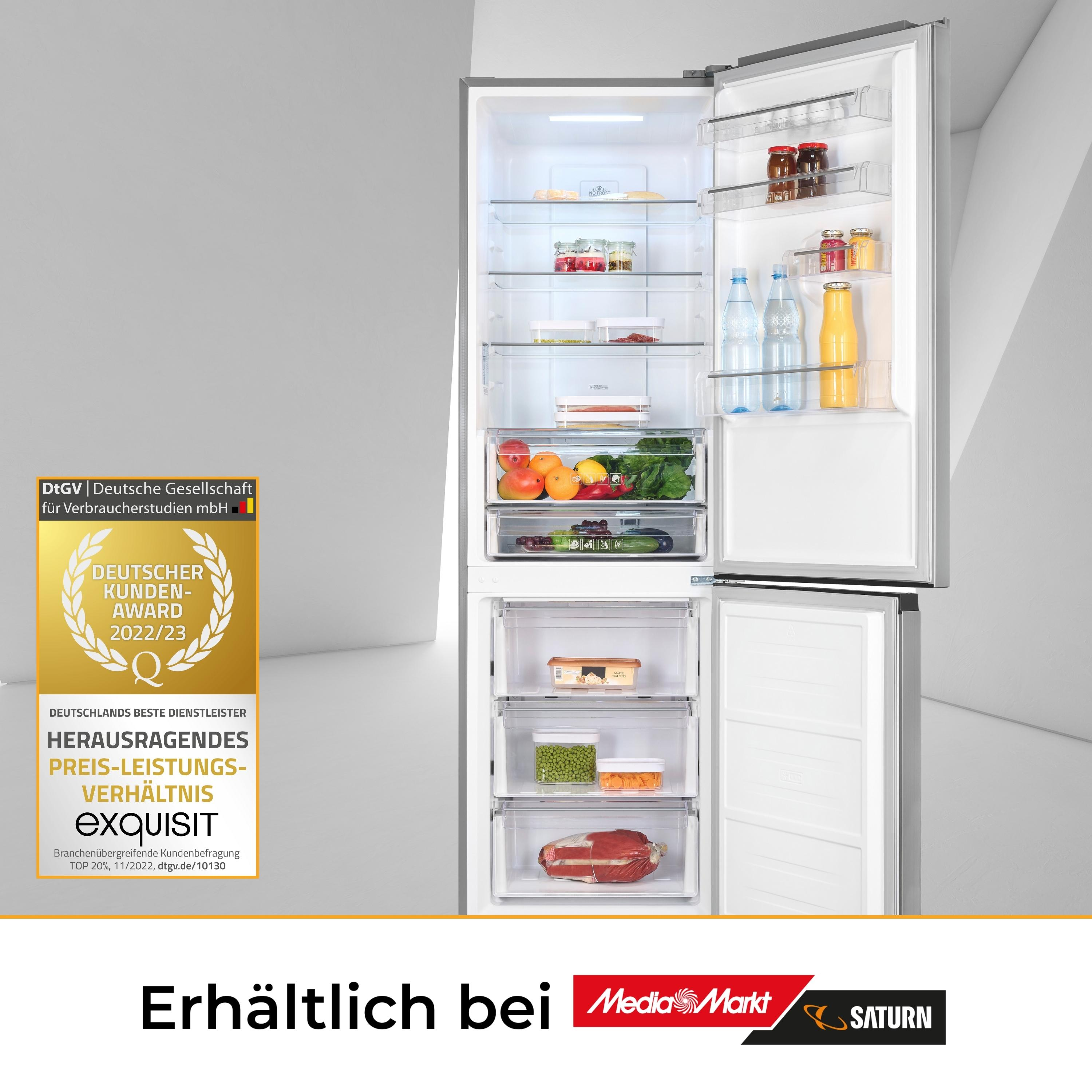 Kühlschrank mit geöffneter Tür, Innenraum mit Lebensmitteln. Hintergrund mit Text.
