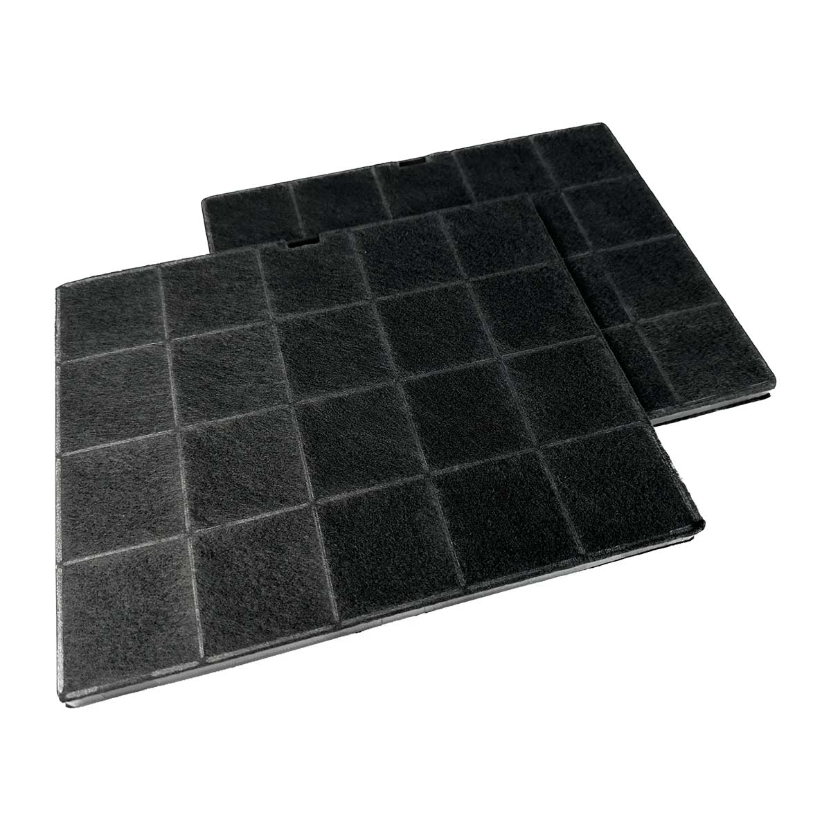 Zwei schwarze Luftfilter mit Gittermuster auf weißem Hintergrund.