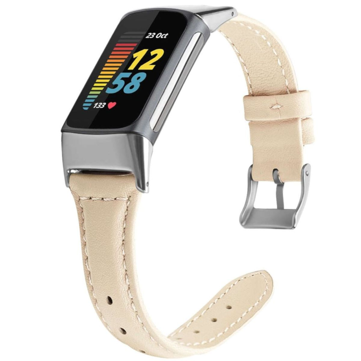 Smartwatch mit beigem Lederarmband auf weißem Hintergrund, Anzeige zeigt Zeit.