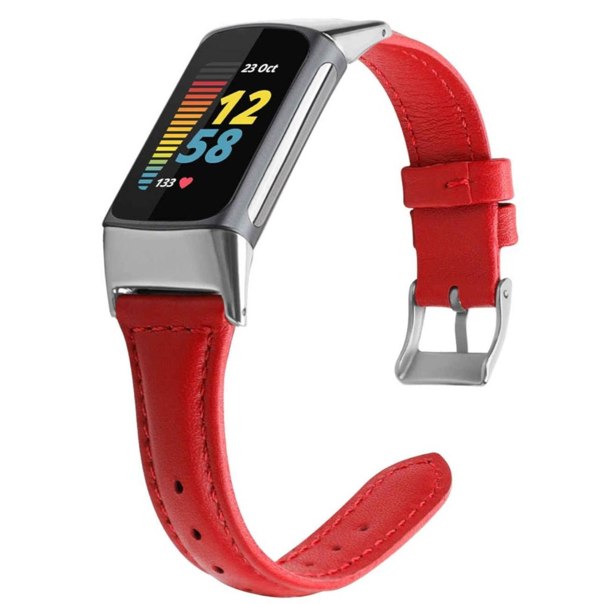 Rotes Leder-Smartwatch-Armband. Das Zifferblatt zeigt Zeit- und Aktivitätsdaten. Silberner Verschluss.