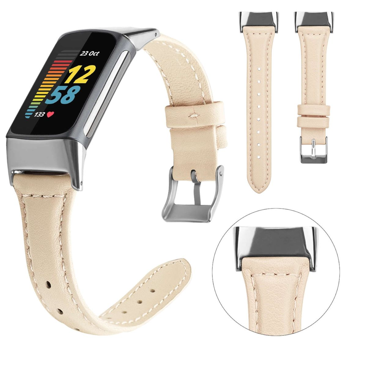 Beiges Smartwatch-Armband und Zifferblatt mit Uhrzeit und Datum.