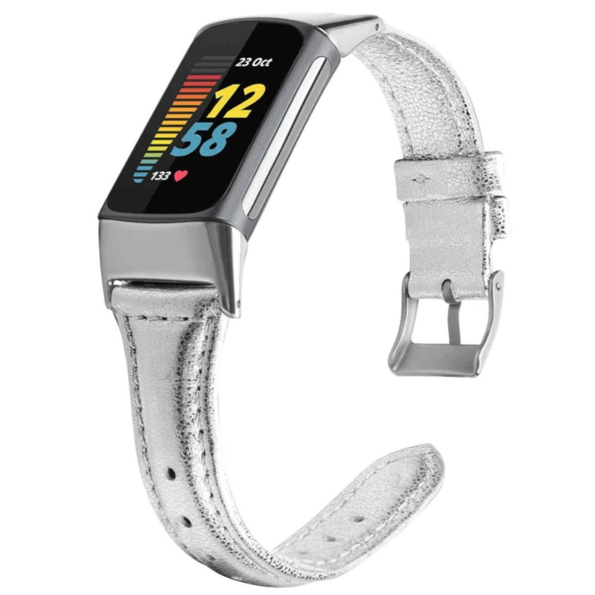 Silbernes Smartband mit silbernem Lederarmband. Der Bildschirm zeigt Datum und Uhrzeit an.