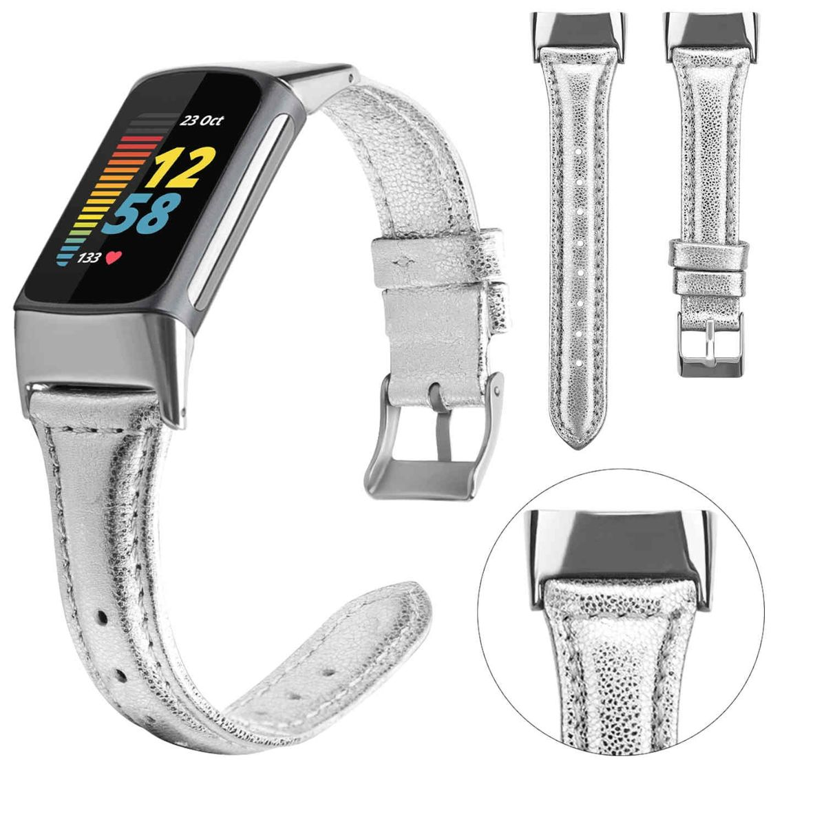 Silberne Smartwatch mit silbernem Armband. Teile werden mit Metallschnalle gezeigt. Weißer Hintergrund.