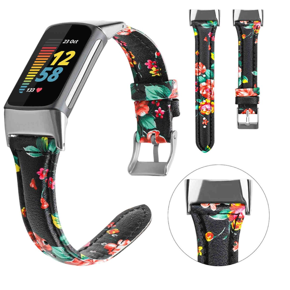 Smartwatch-Armband mit schwarzem Blumenmuster. Der Riemen ist an einer Smartwatch befestigt.