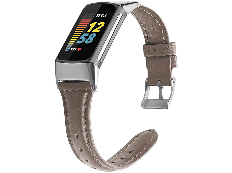 WIGENTO Leder Design Sport Band, Ersatzarmband, Fitbit, Charge 6 / 5, Dunkel Braun | Smartwatch Armbänder