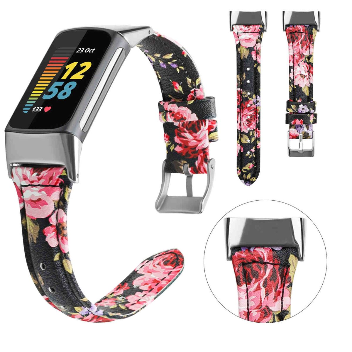 Ein Armband mit Blumenmuster. Das Zifferblatt zeigt die Uhrzeit und die Herzfrequenz.