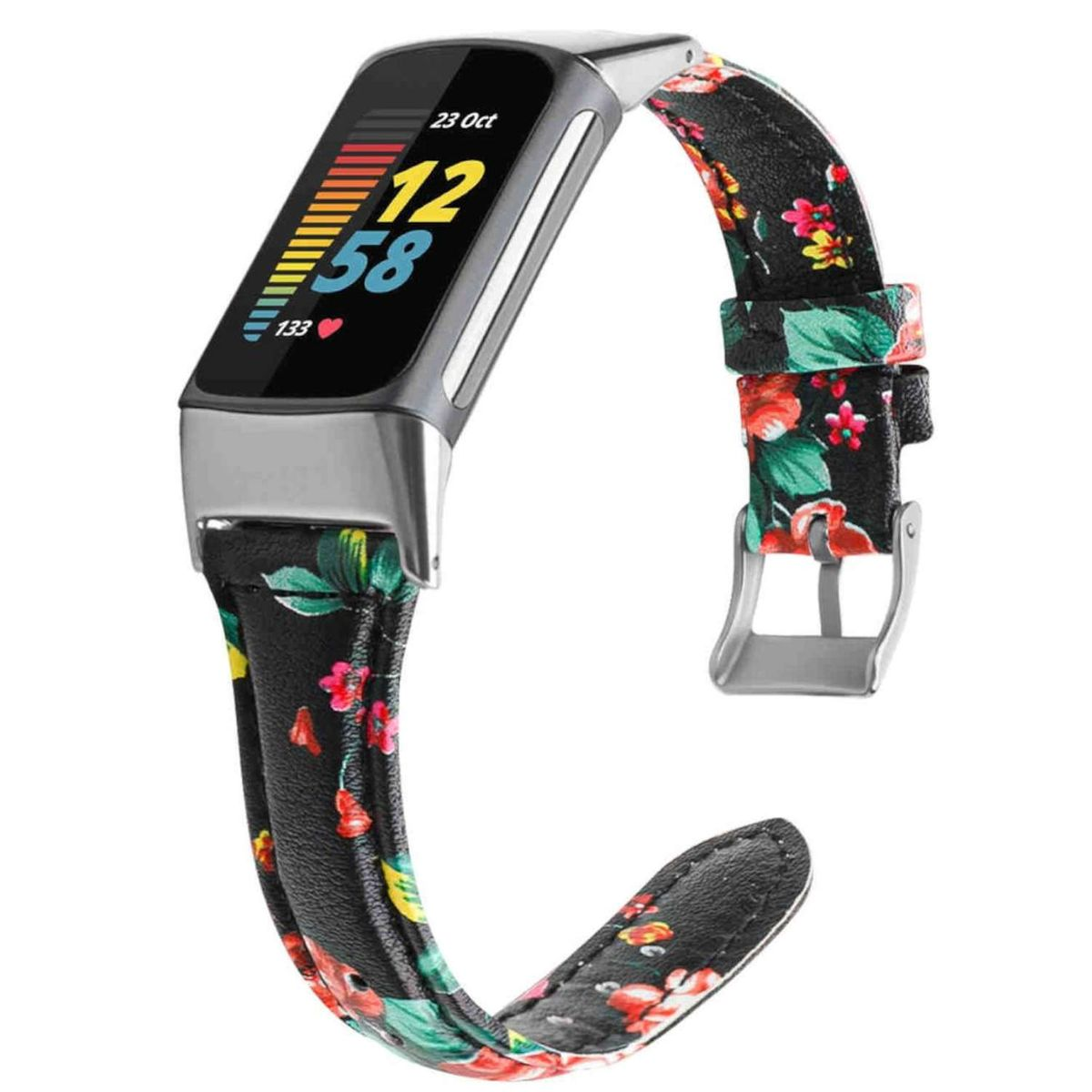 Smartband mit schwarzem, floral gemustertem Armband und Bildschirm mit Infos. Isoliert.