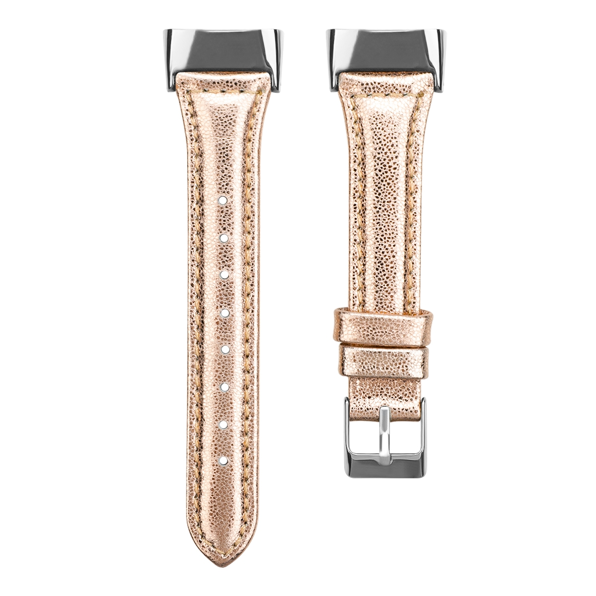 Zwei goldfarbene Uhrenarmbänder. Eines ist mit einem Verschluss befestigt, das andere ist lose.