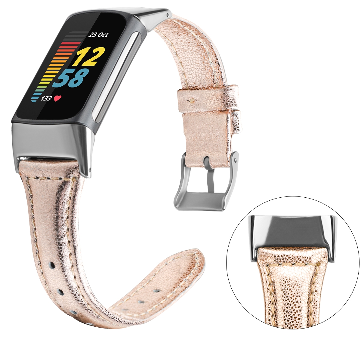 Roségoldene Smartwatch mit Lederarmband, Anzeige von Zeit und Gesundheitsdaten.