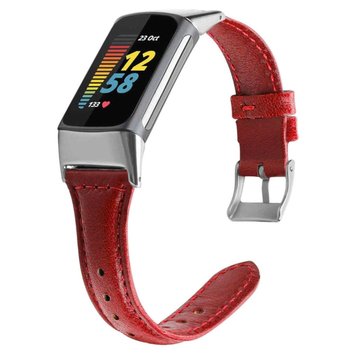 Eine Smartwatch mit rotem Lederarmband, die die Uhrzeit 12:58 am 23. Oktober anzeigt.