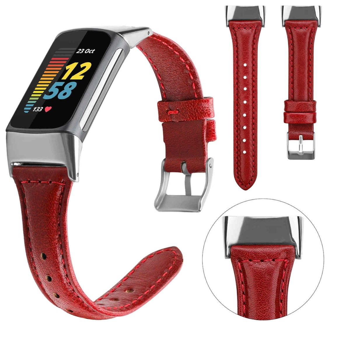 Ein rotes Leder-Armband mit silbernem Zifferblatt und verschiedenen Details.