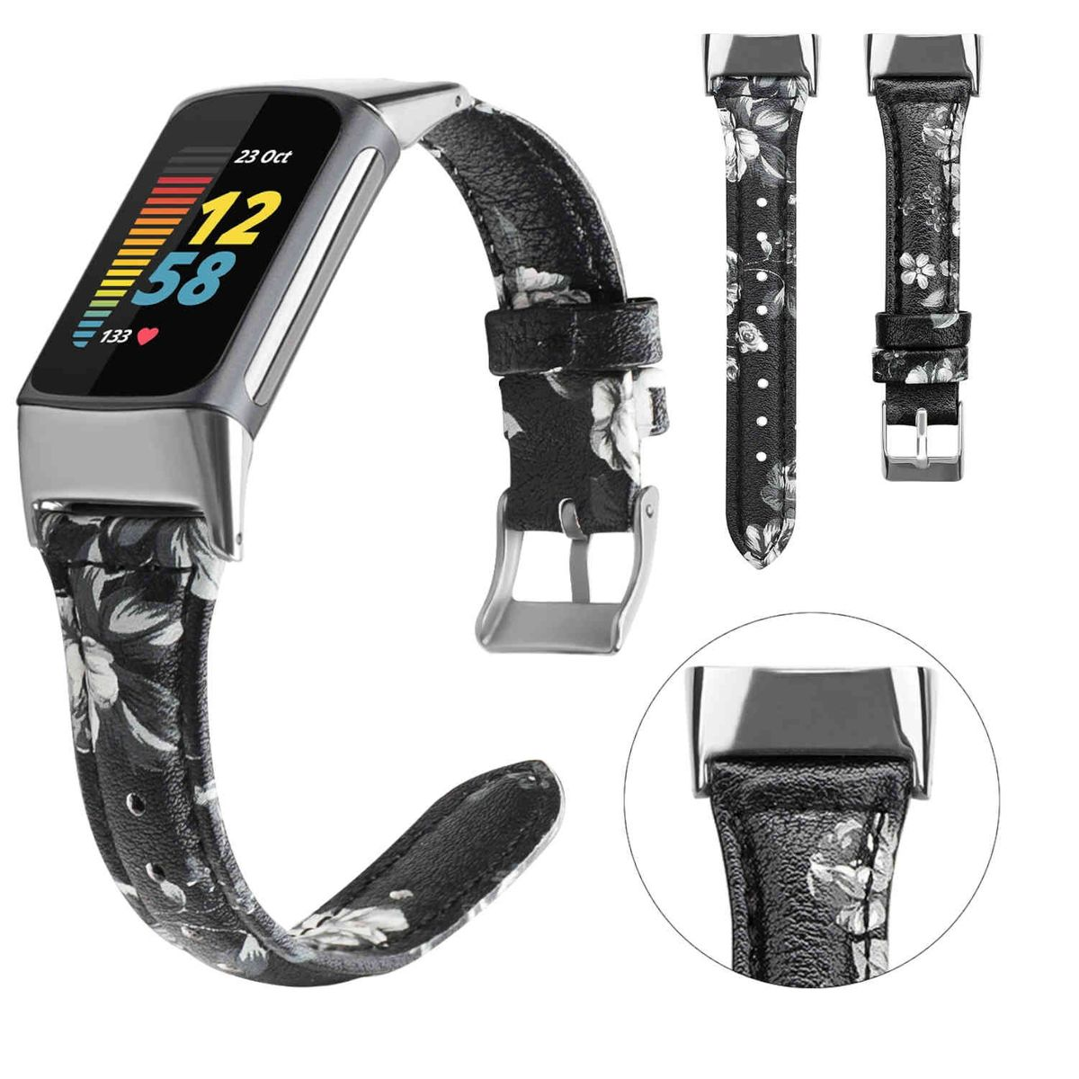 Smartwatch-Armband mit floralem Muster. Zeigt Zifferblatt und Armbanddetails. Schwarz-Weiß-Design.