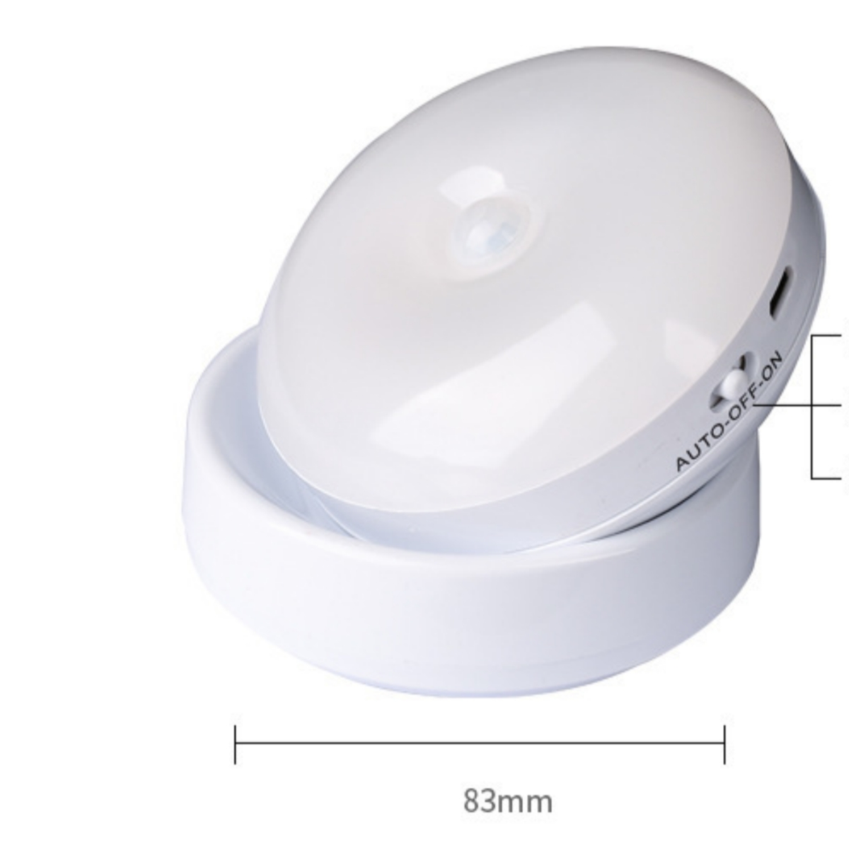Ein weißes, ovales Nachtlicht mit verstellbarem Sockel. Die Basis misst 83 mm.